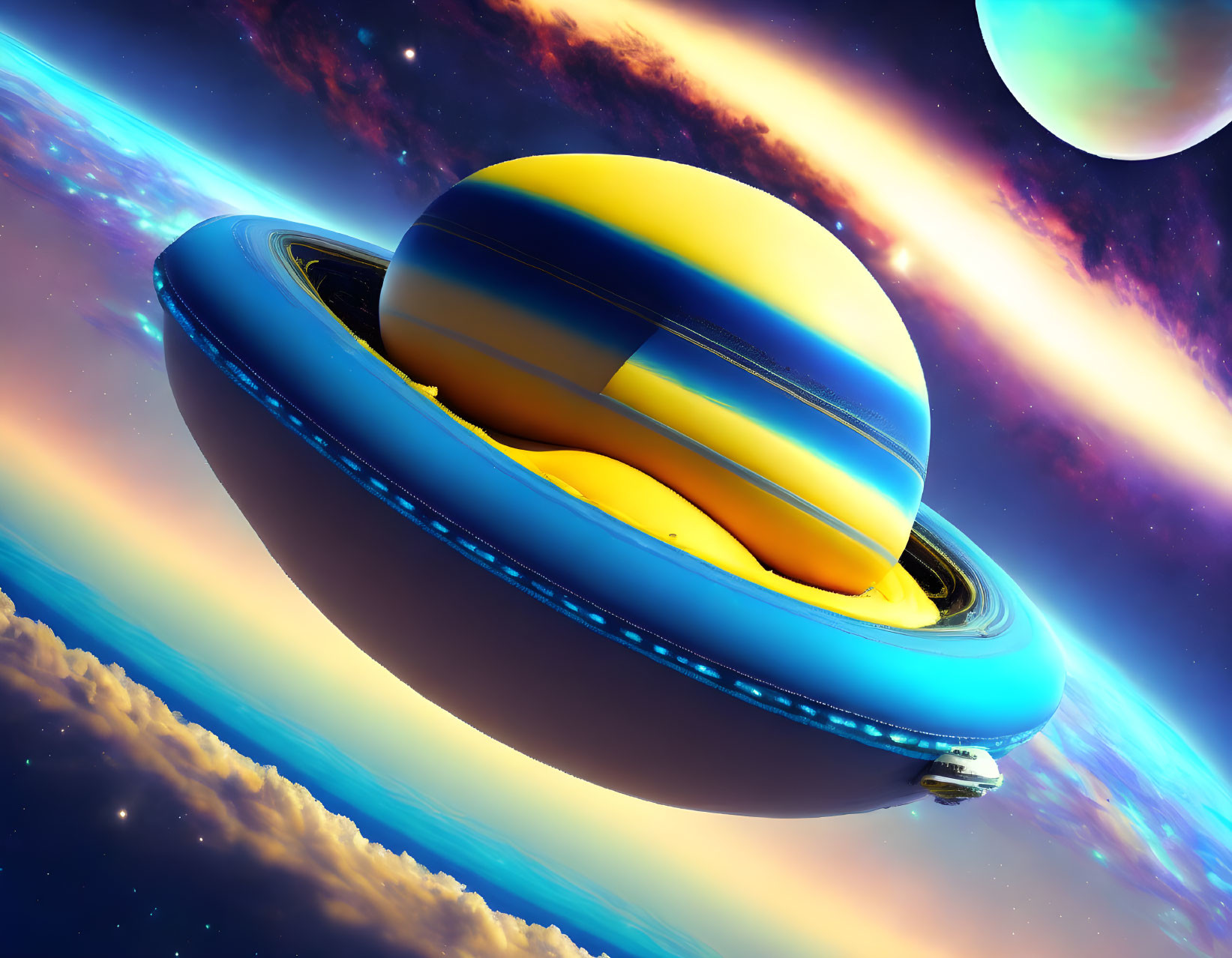 Colorful computer-generated image of a ringed alien planet in bright blue and yellow hues against a star