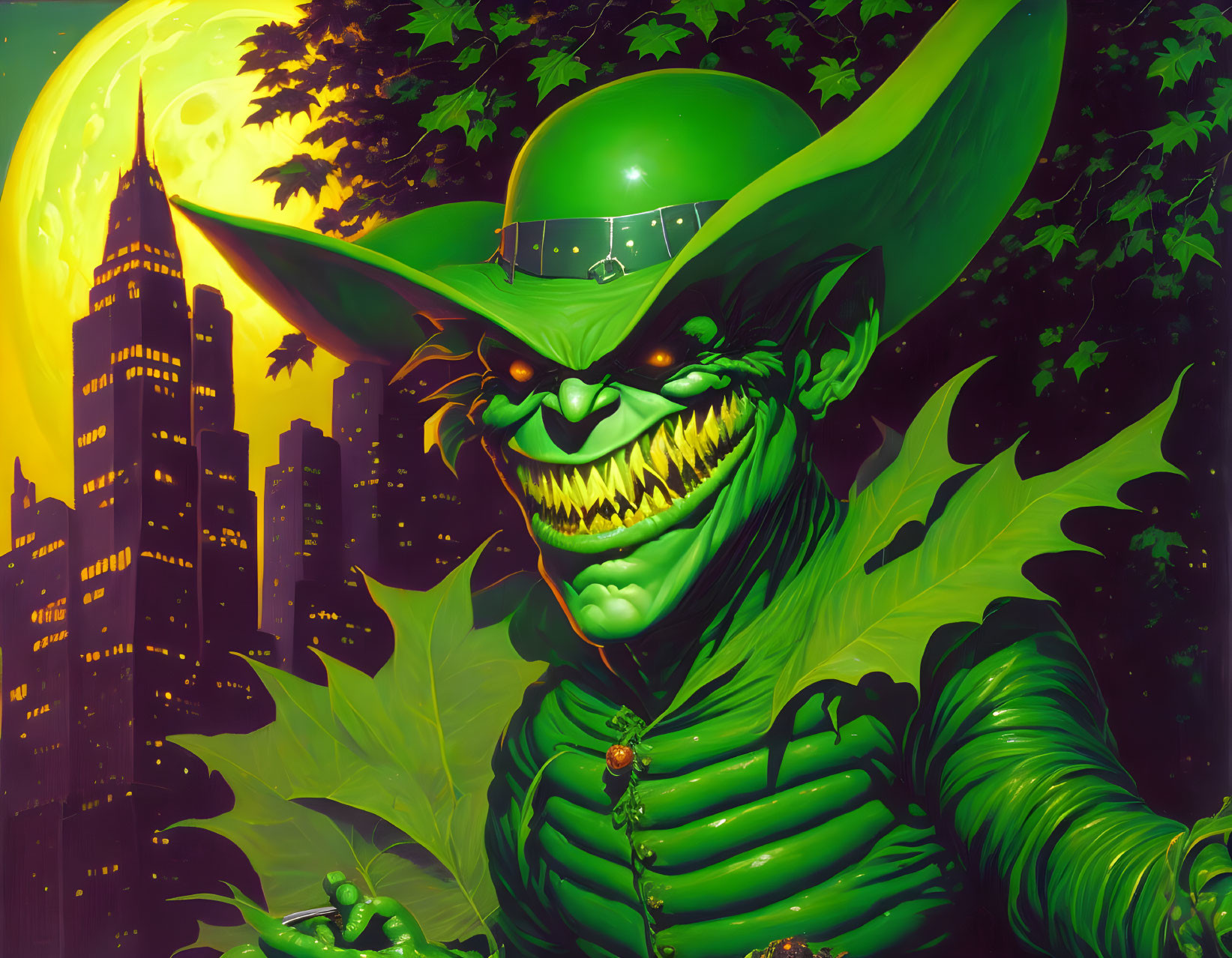 Colorful illustration of a grinning green creature in a hat against a cityscape.