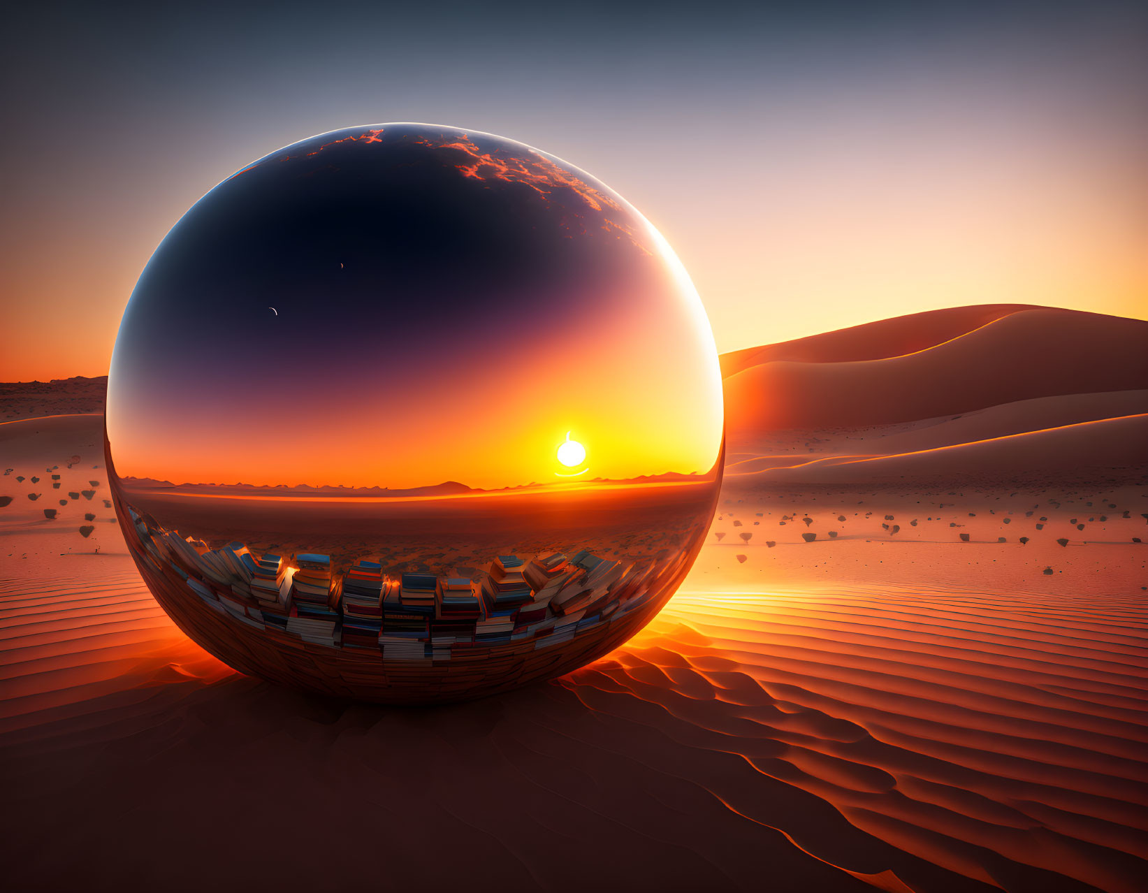 Reflective Sphere Distorts Desert Landscape at Sunset