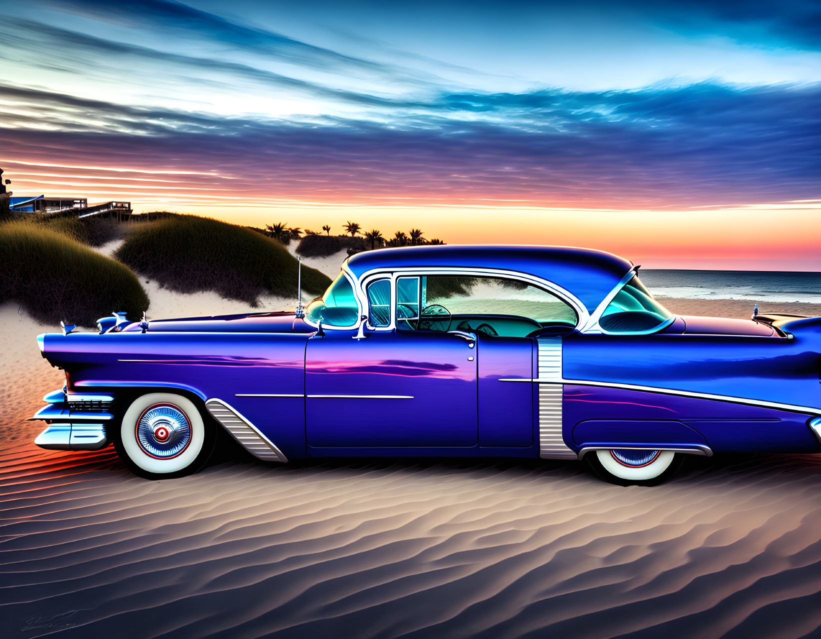 Vintage Blue Car on Sandy Beach at Sunset with Colorful Skies