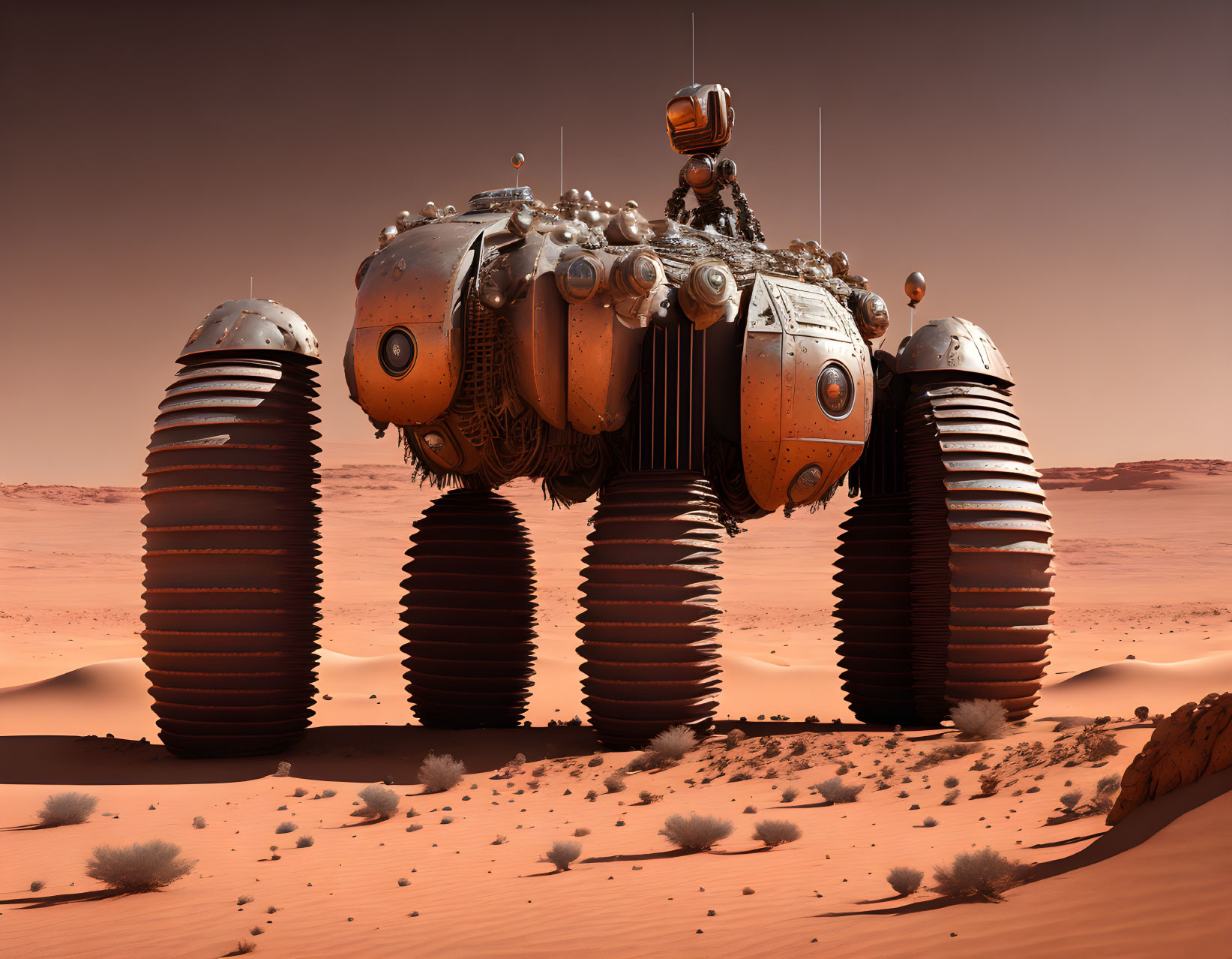 Futuristic vehicle with tread wheels on Martian landscape.