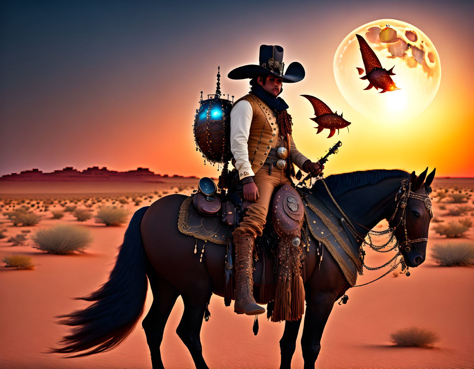 Person in ornate cowboy attire riding horse in desert at sunset with fantasy moon and winged fish.