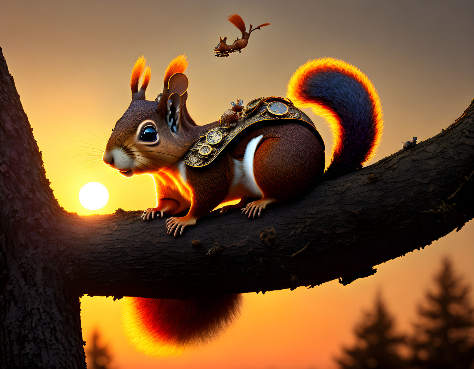 Digitally altered image: Vibrant squirrel on tree branch with tiny saddle harness and flying character at sunset