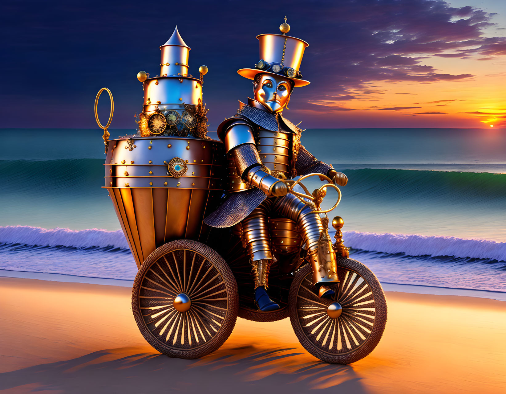 Steampunk robot in top hat on tricycle with Victorian carriage at sunset beach