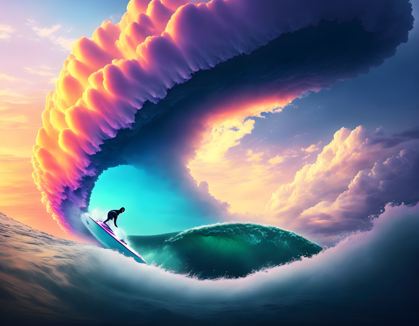 Surfer riding large wave under surreal sky with wave-like clouds