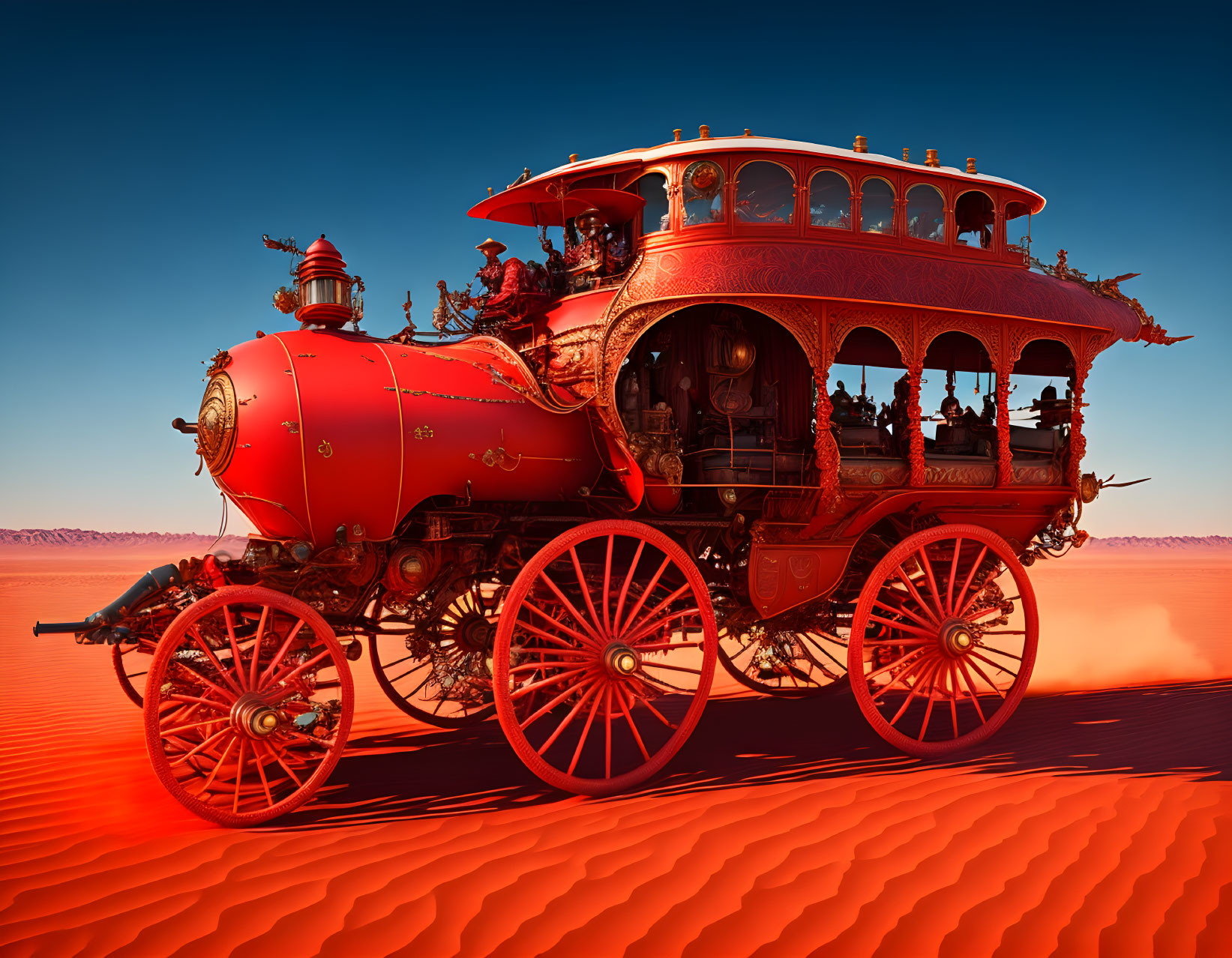 Red steampunk locomotive bus crossing desert sand dunes