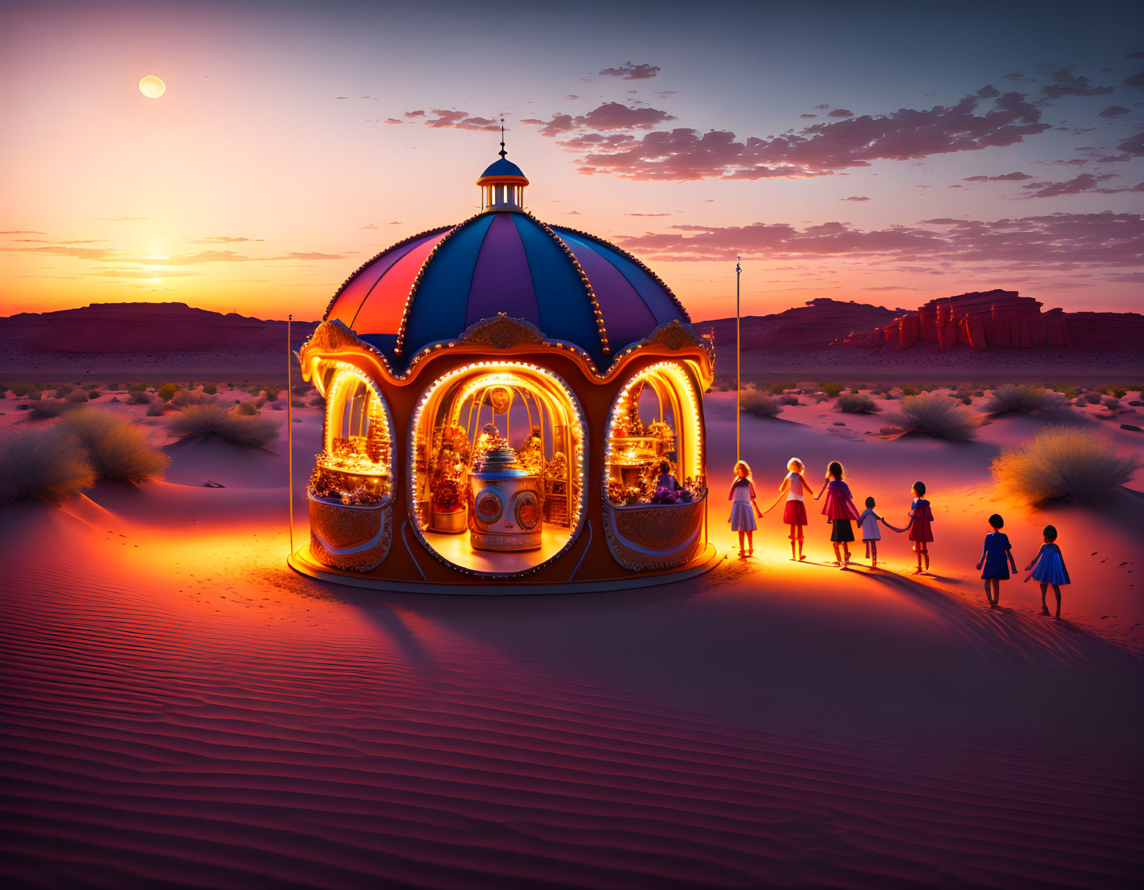 Illuminated carousel in desert at sunset with children in line