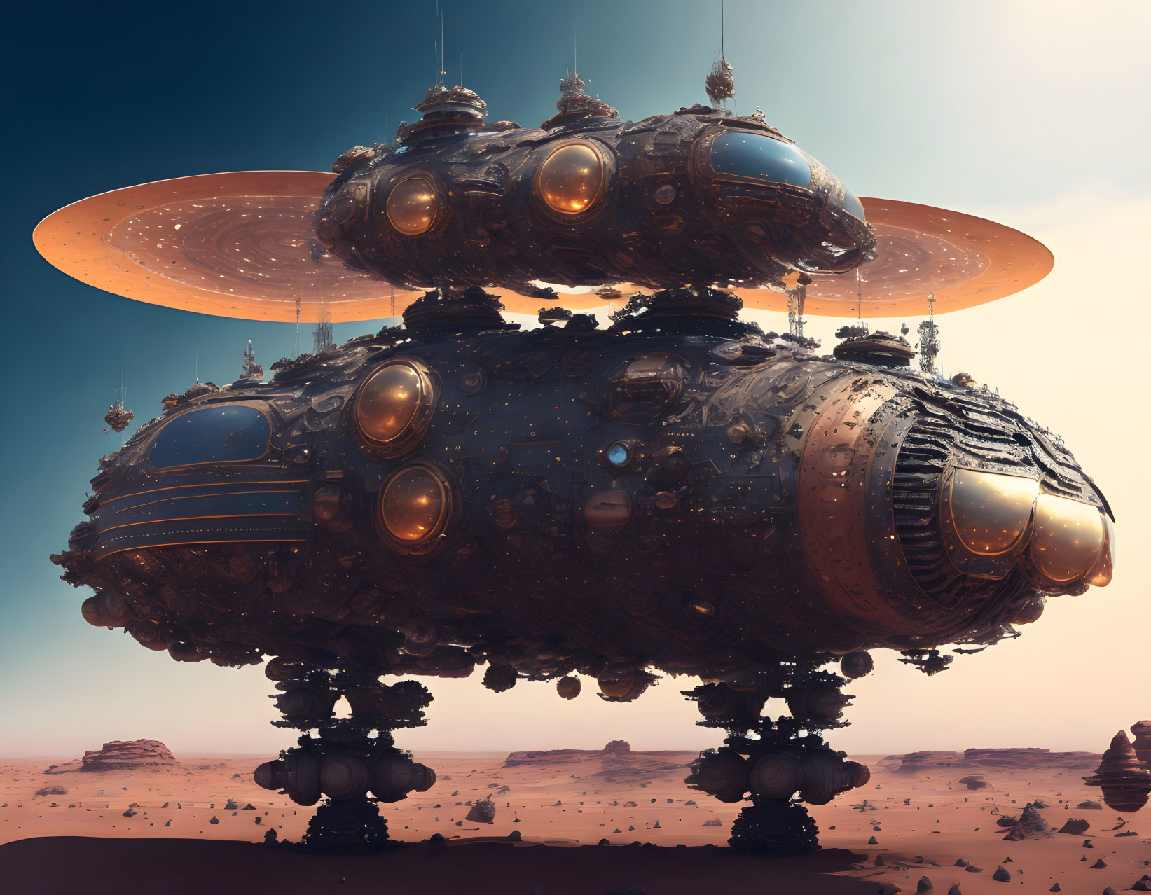 Futuristic spaceship with cylindrical body and spherical modules above desert landscape