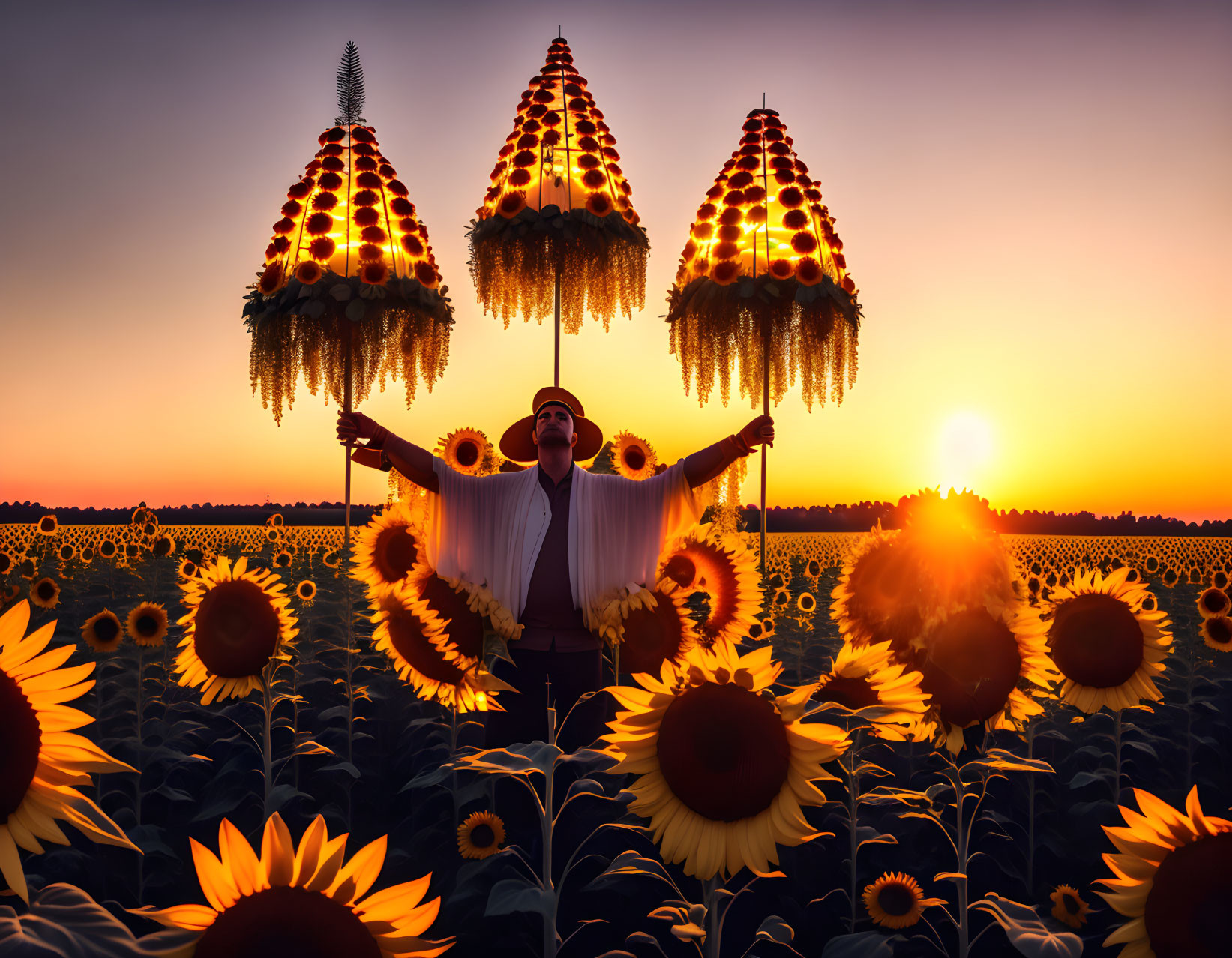 Man with open arms in sunflower field at sunset with hanging bee-like sculptures