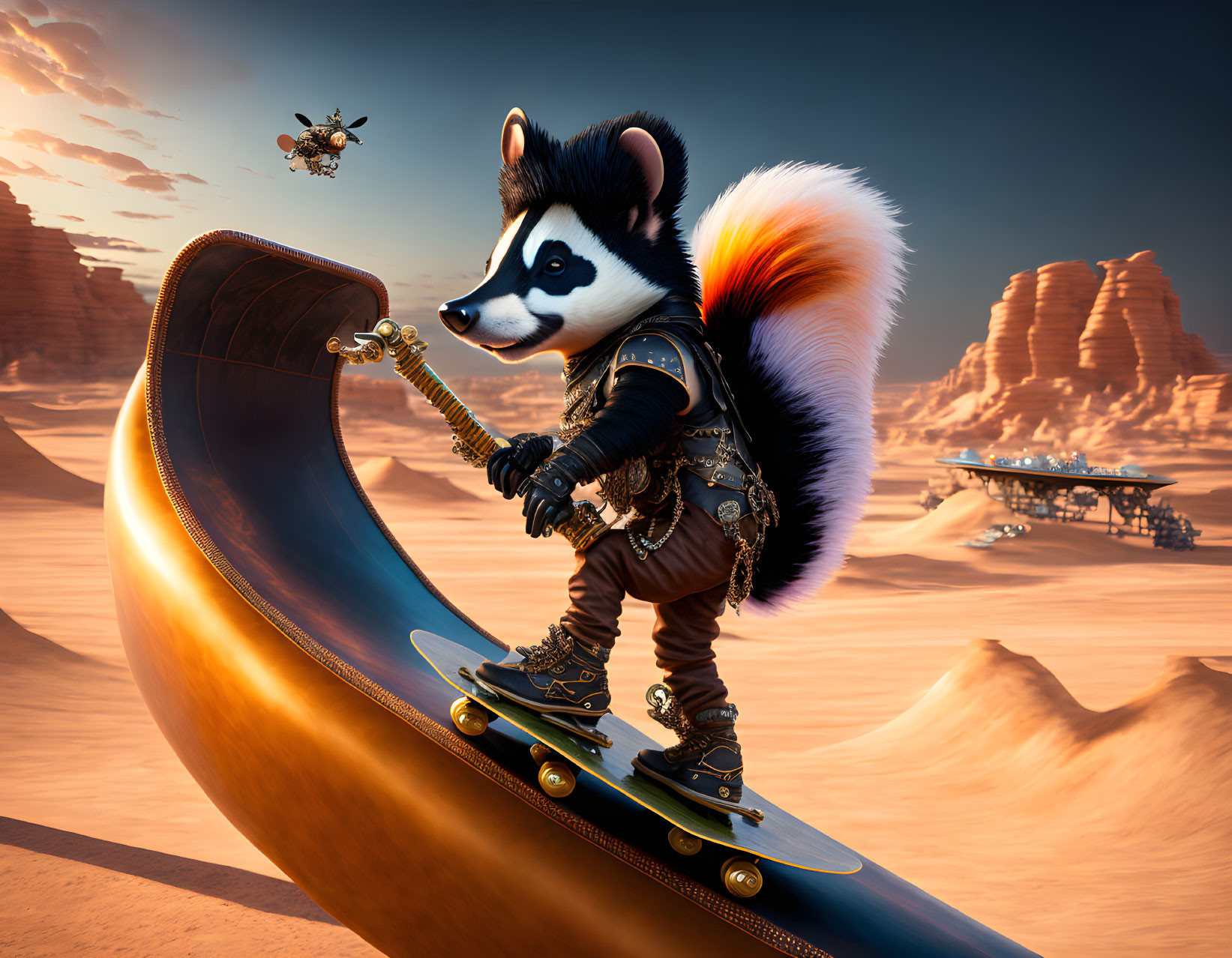 Armored raccoon on skateboard in desert with drones and ship