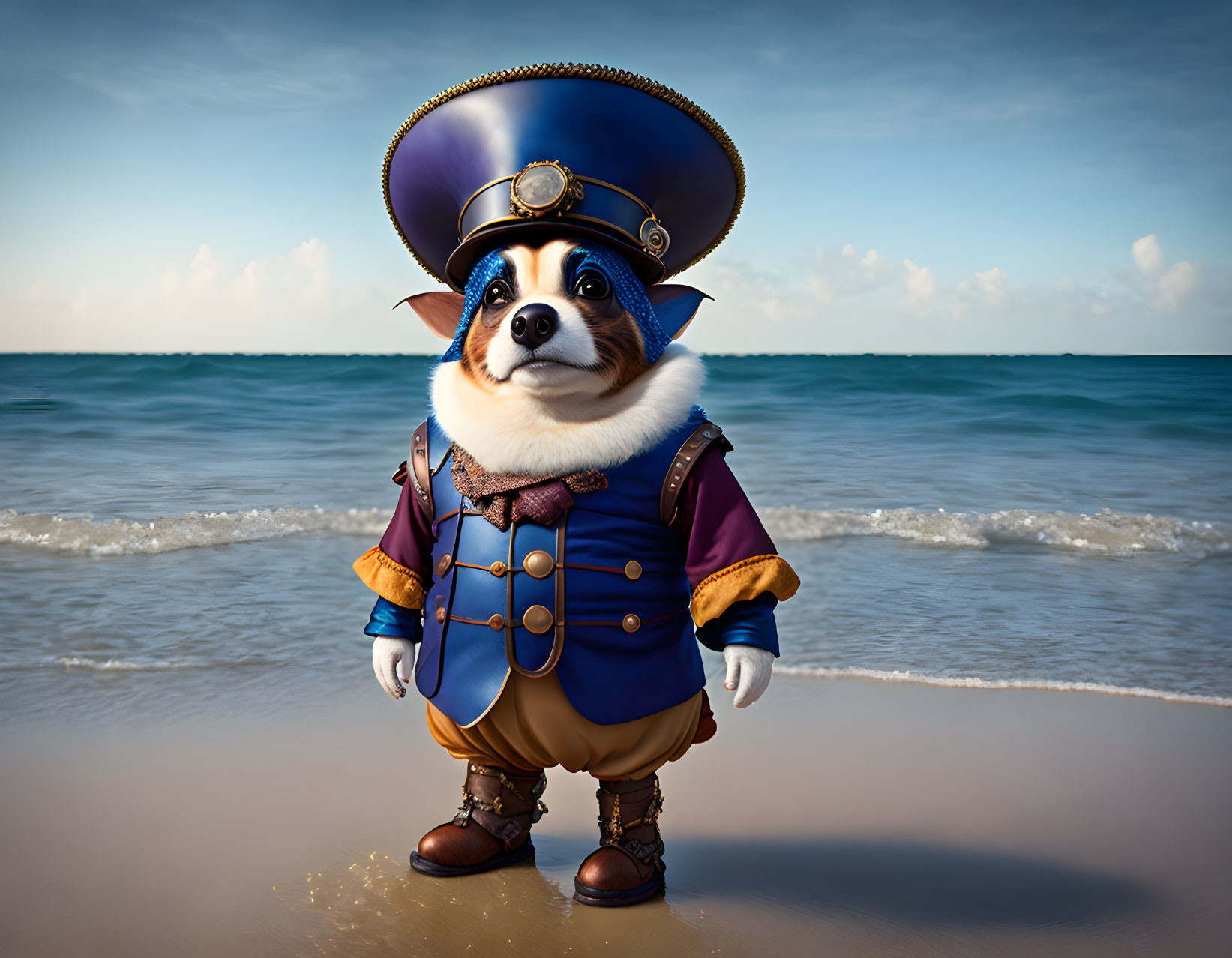 Colorful 3D rendering of corgi in admiral's uniform on beach