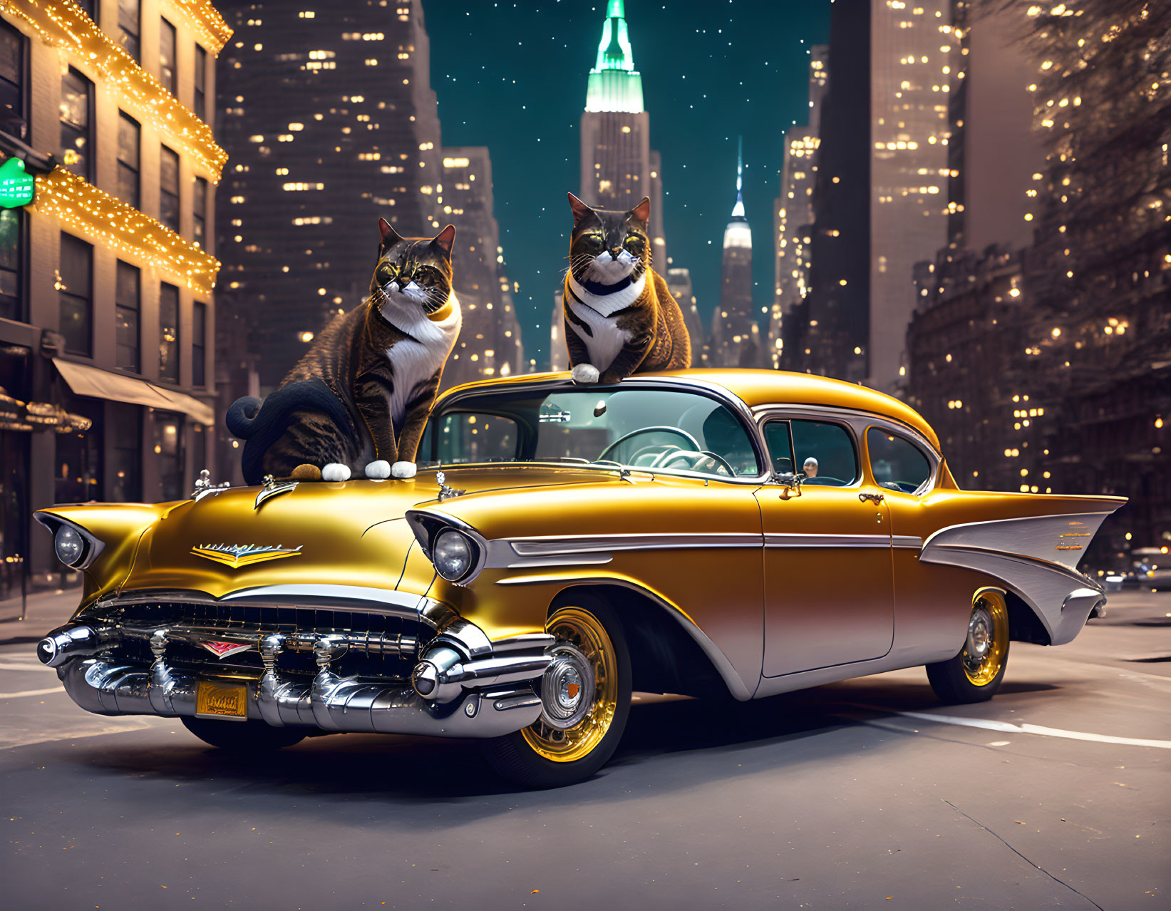 Two cats on classic car with city night view.