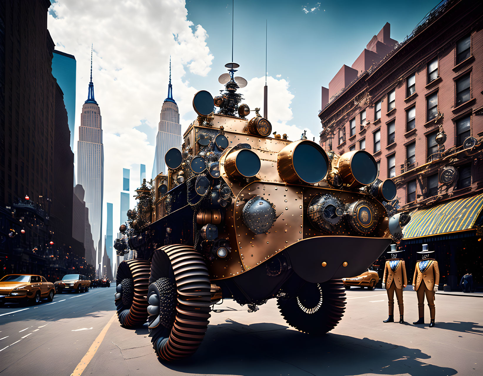 Steampunk vehicle with large brass wheels in city setting.