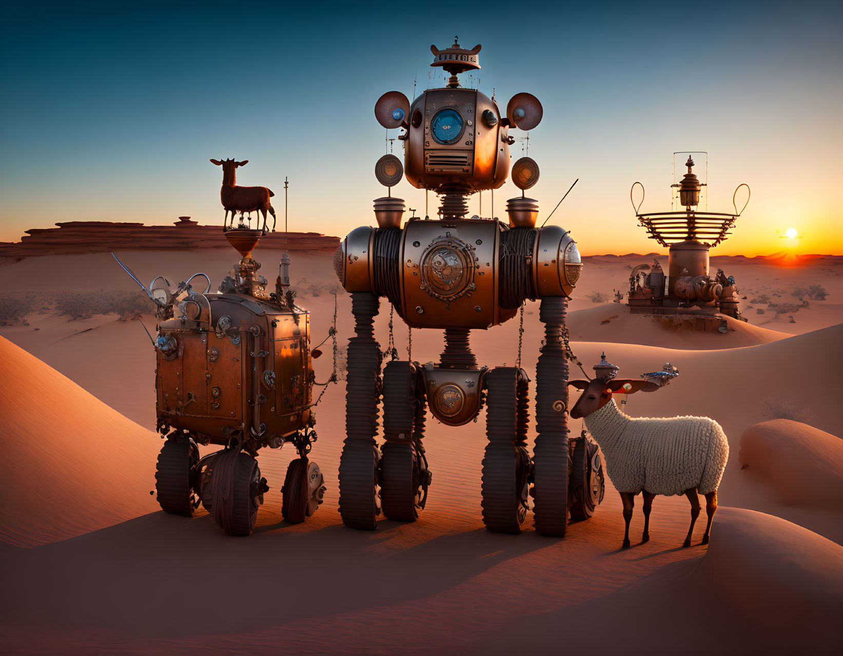 Vintage robots knitting with animals in desert backdrop