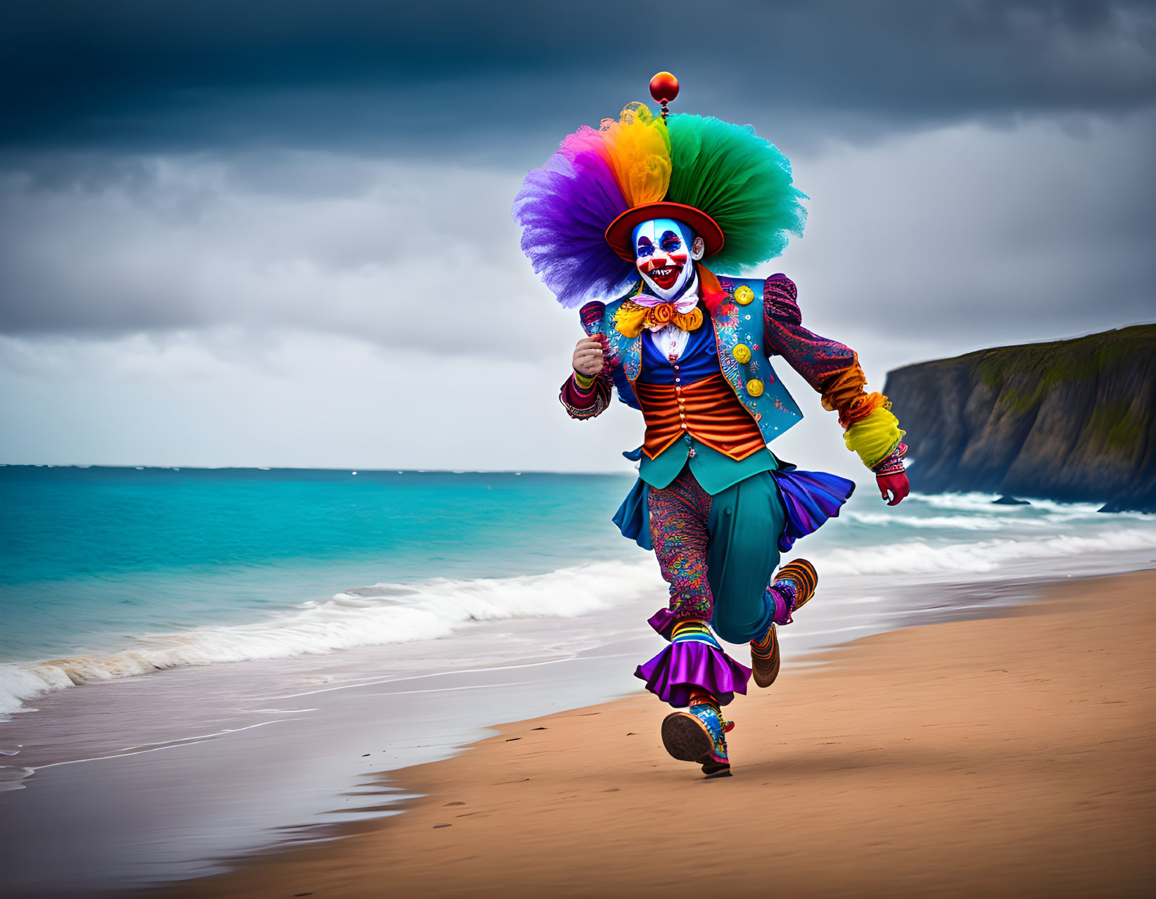 Colorful Clown Running on Sandy Beach with Dramatic Sky