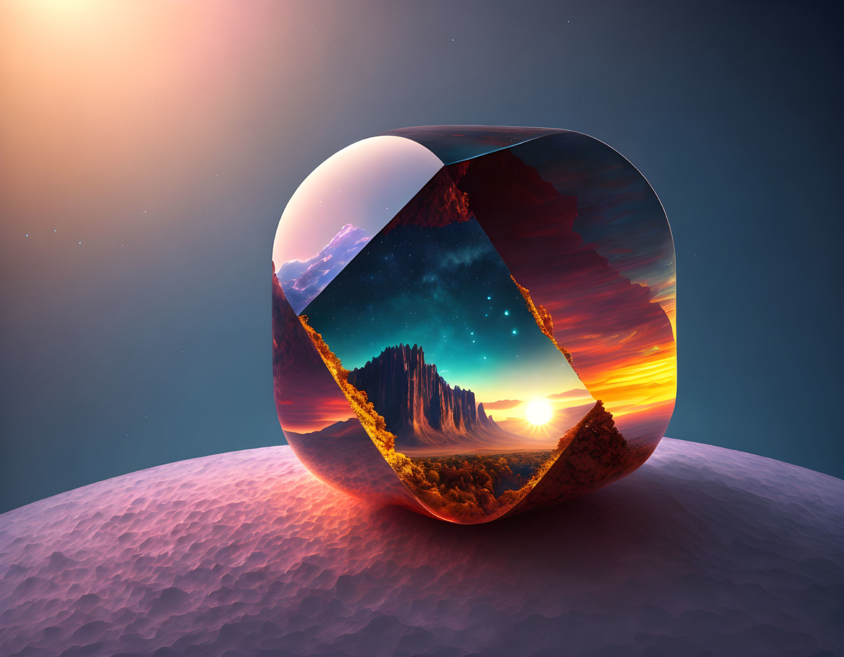 Surreal image of glossy cube reflecting vibrant landscape