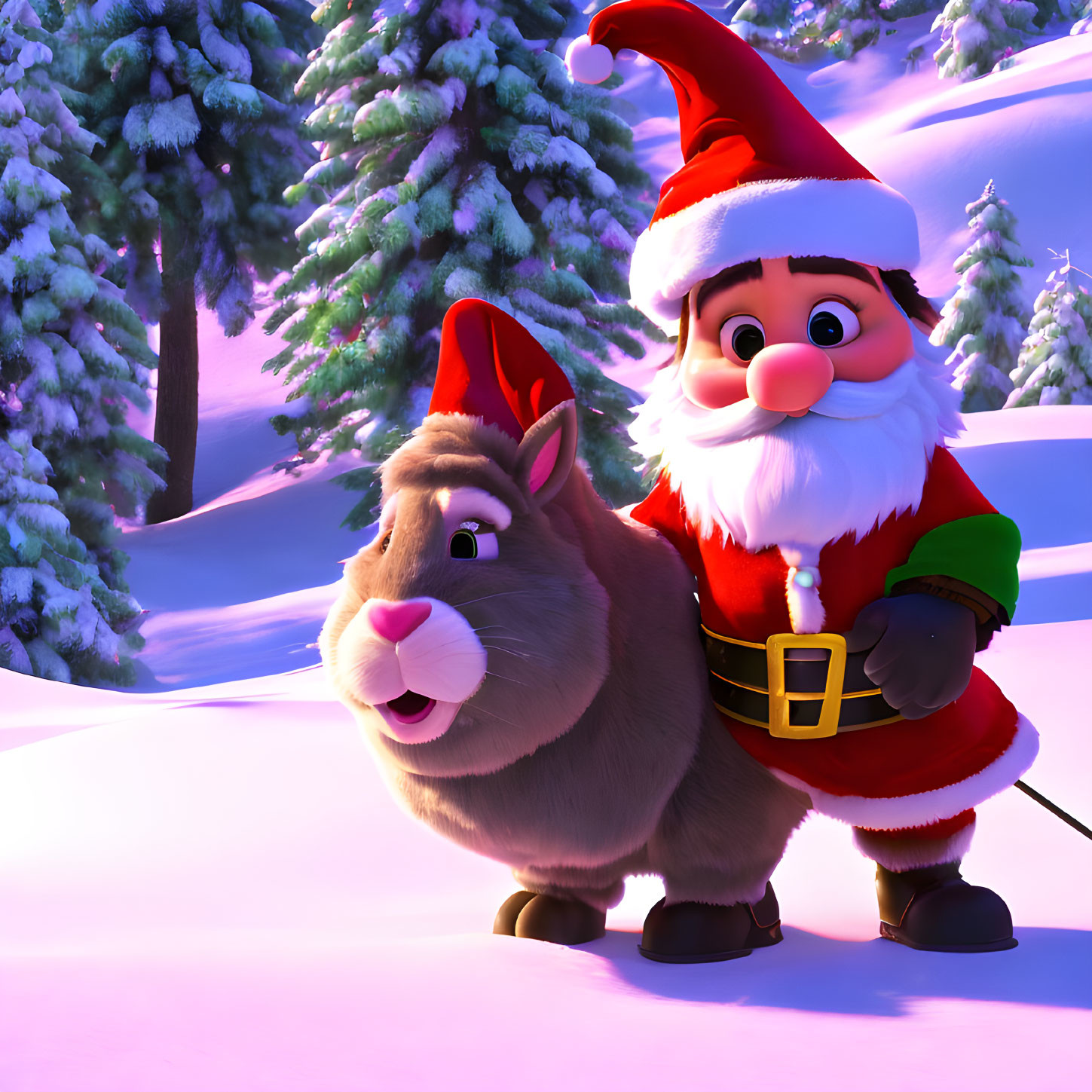 Santa Claus and reindeer in red suits and Christmas hats in snowy, purple sky scene.