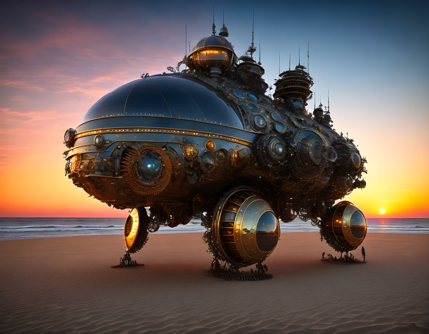 Futuristic steampunk-style vehicle with spherical modules on beach at sunset