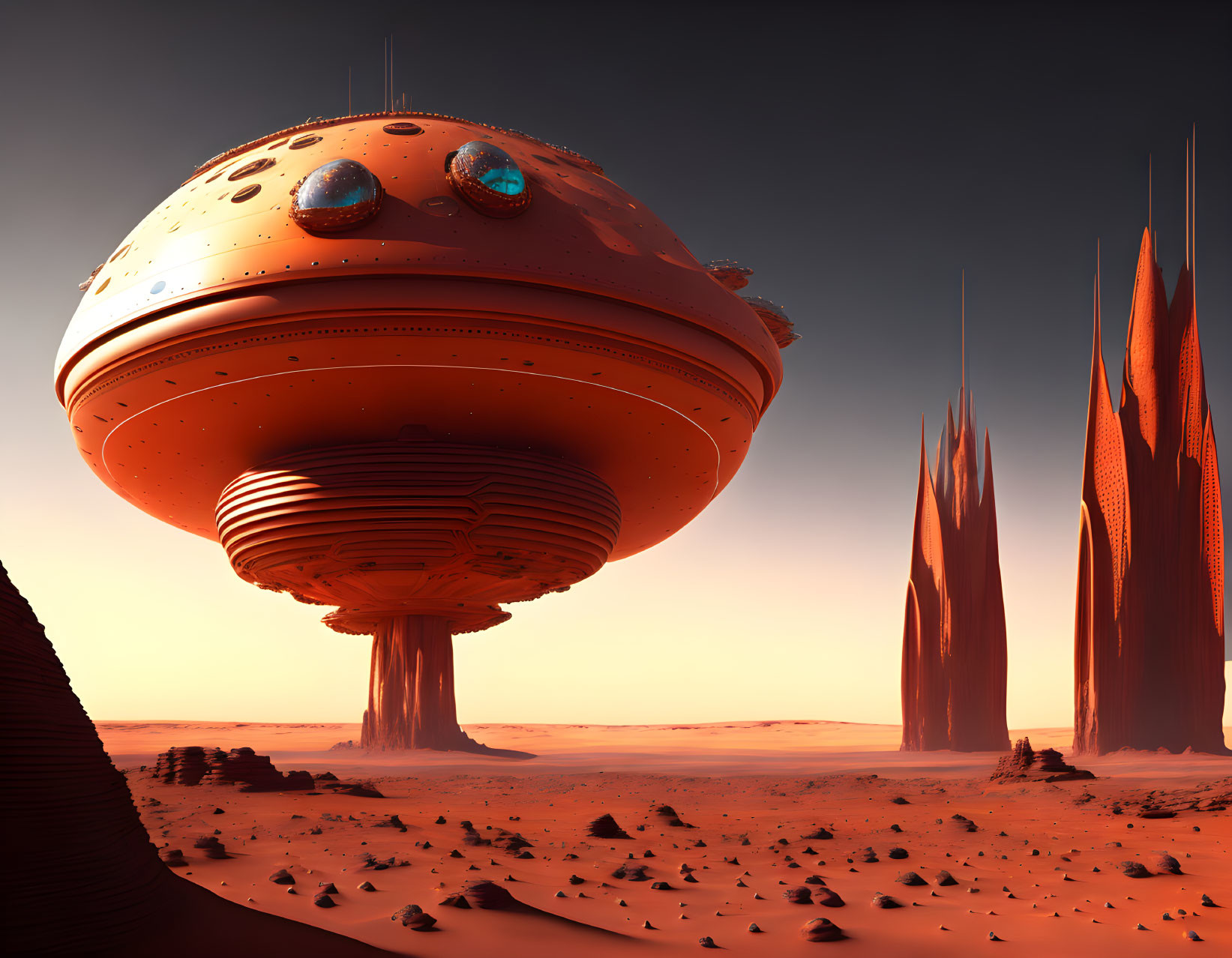 Futuristic spherical structure in reddish desert with tall rock formations