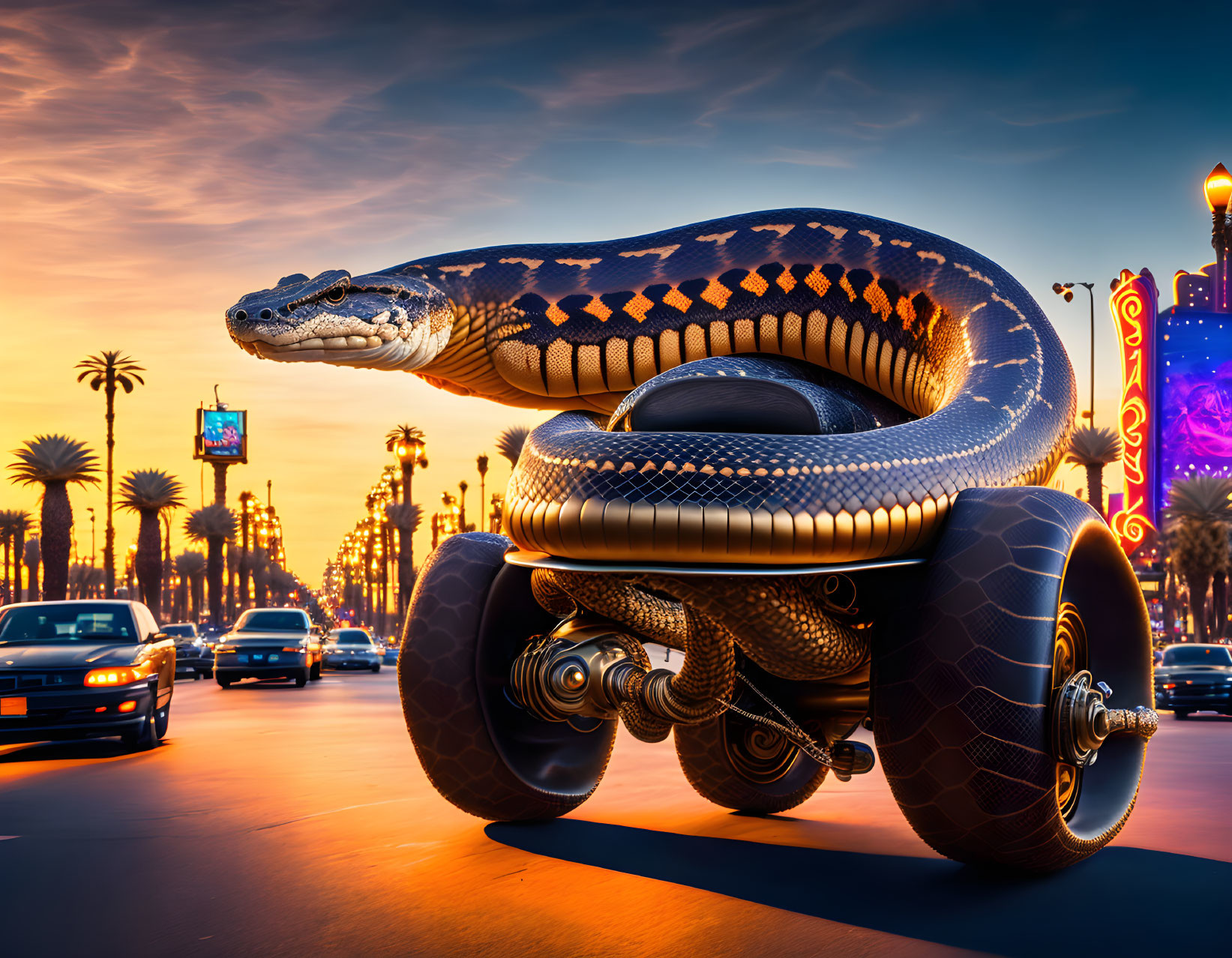 Surreal giant snake with textured body on car tires in vibrant sunset boulevard