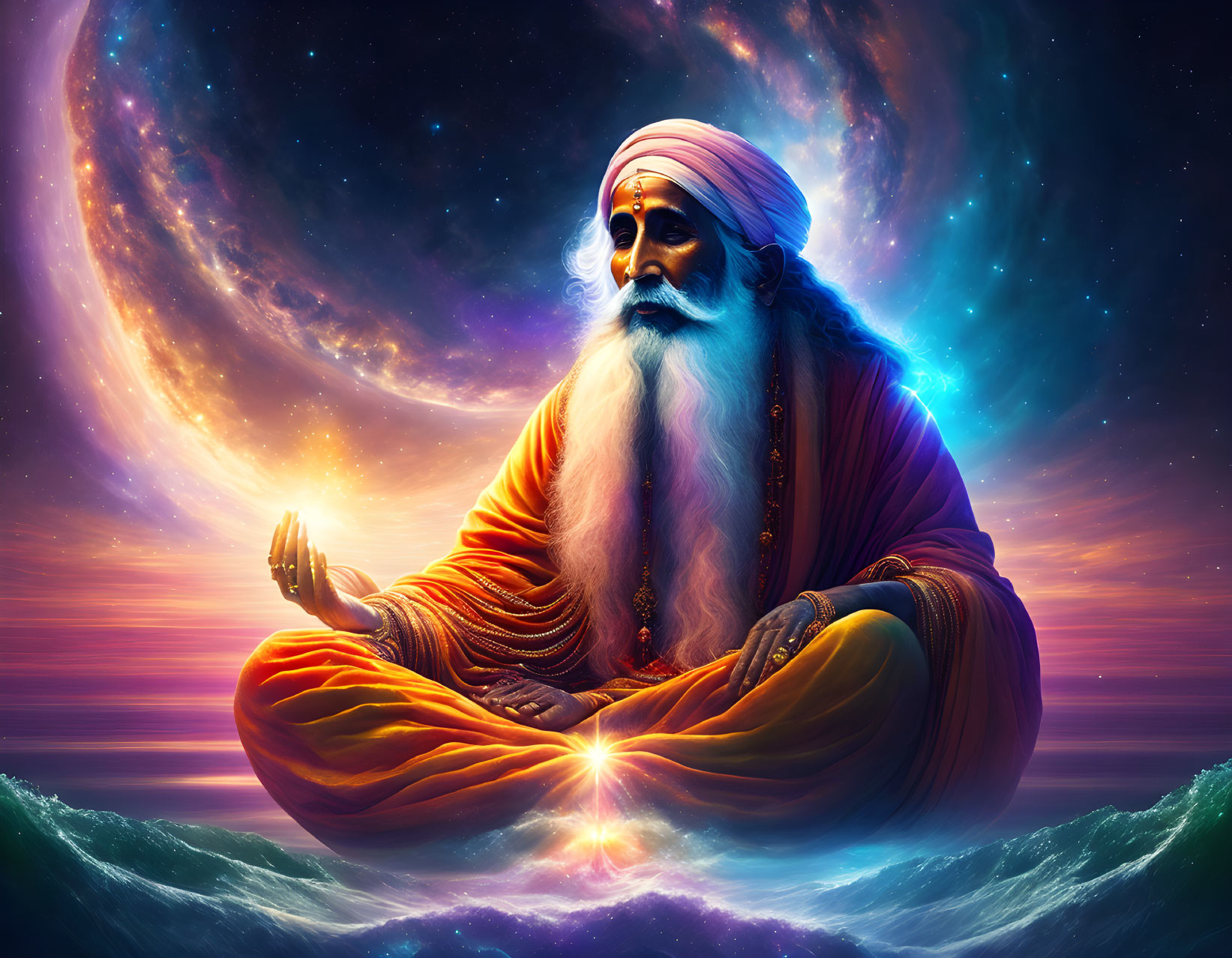 Bearded man in orange robes meditating under cosmic sky