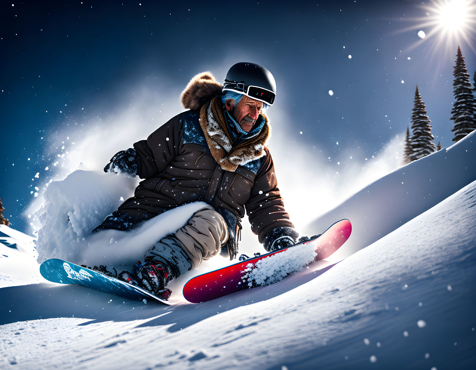 Snowboarder carving through powdery snow under sunny sky and pine trees