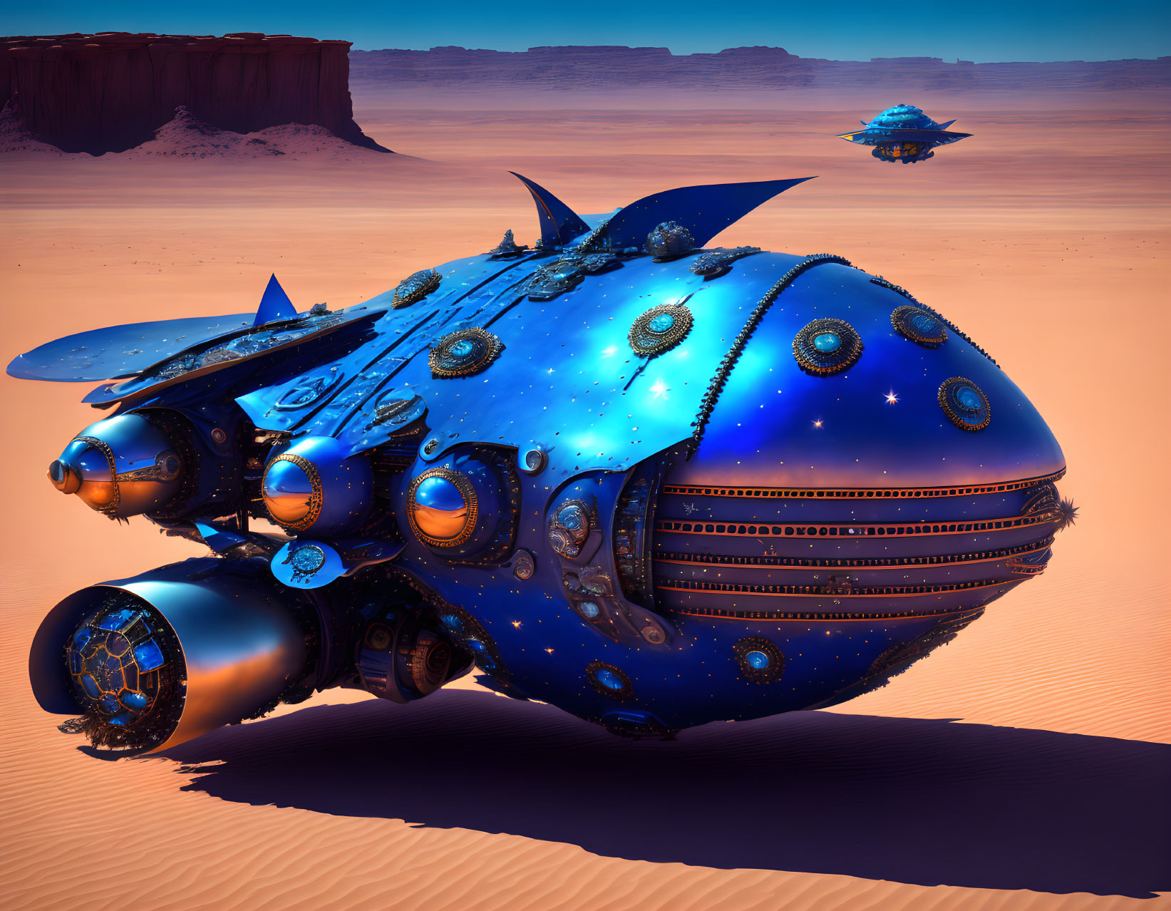 Blue spacecraft with ornate designs on desert planet with flying ship in distance