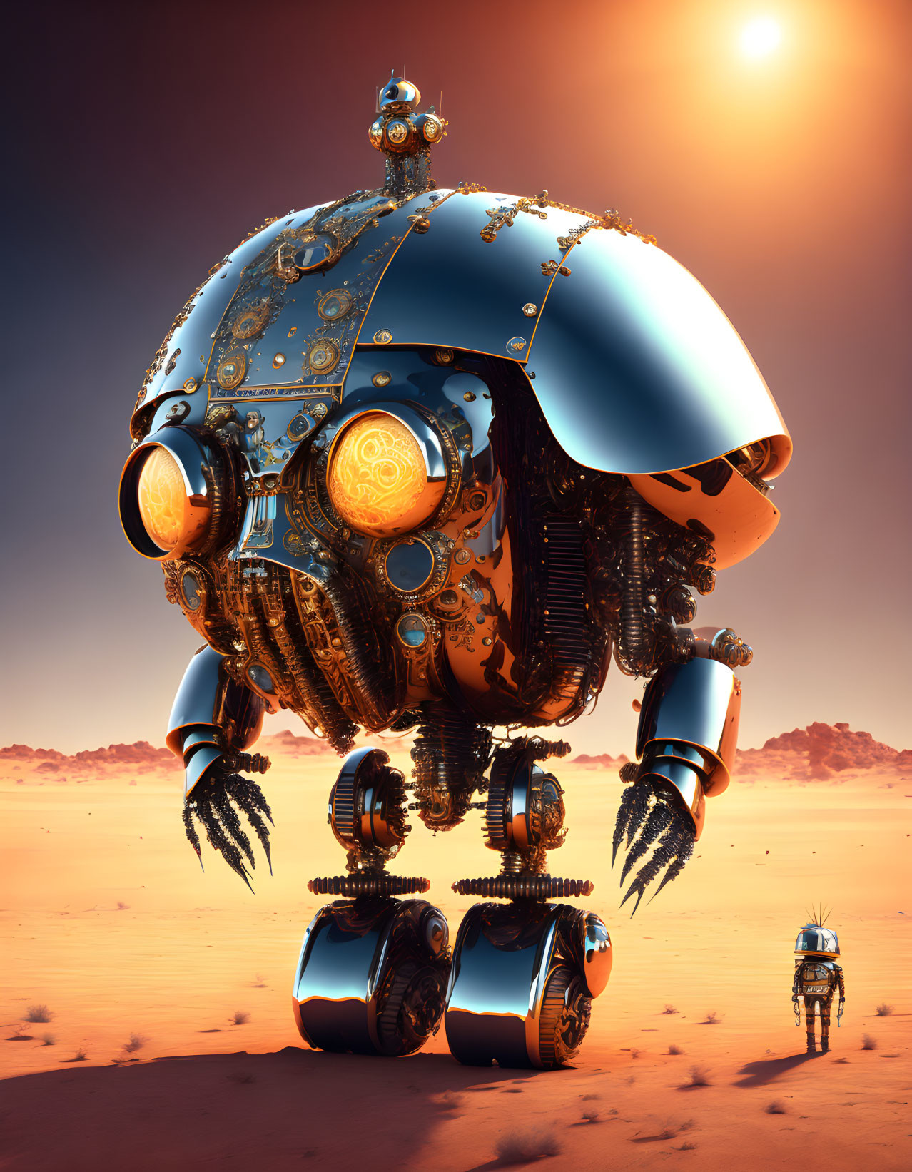 Decorative robot in desert landscape with smaller companion