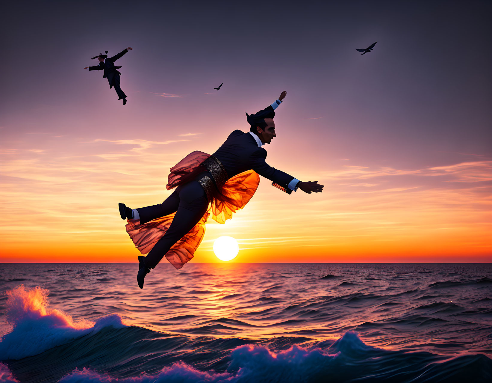 Person in suit with unicorn mask jumps over ocean waves at sunset with birds in sky