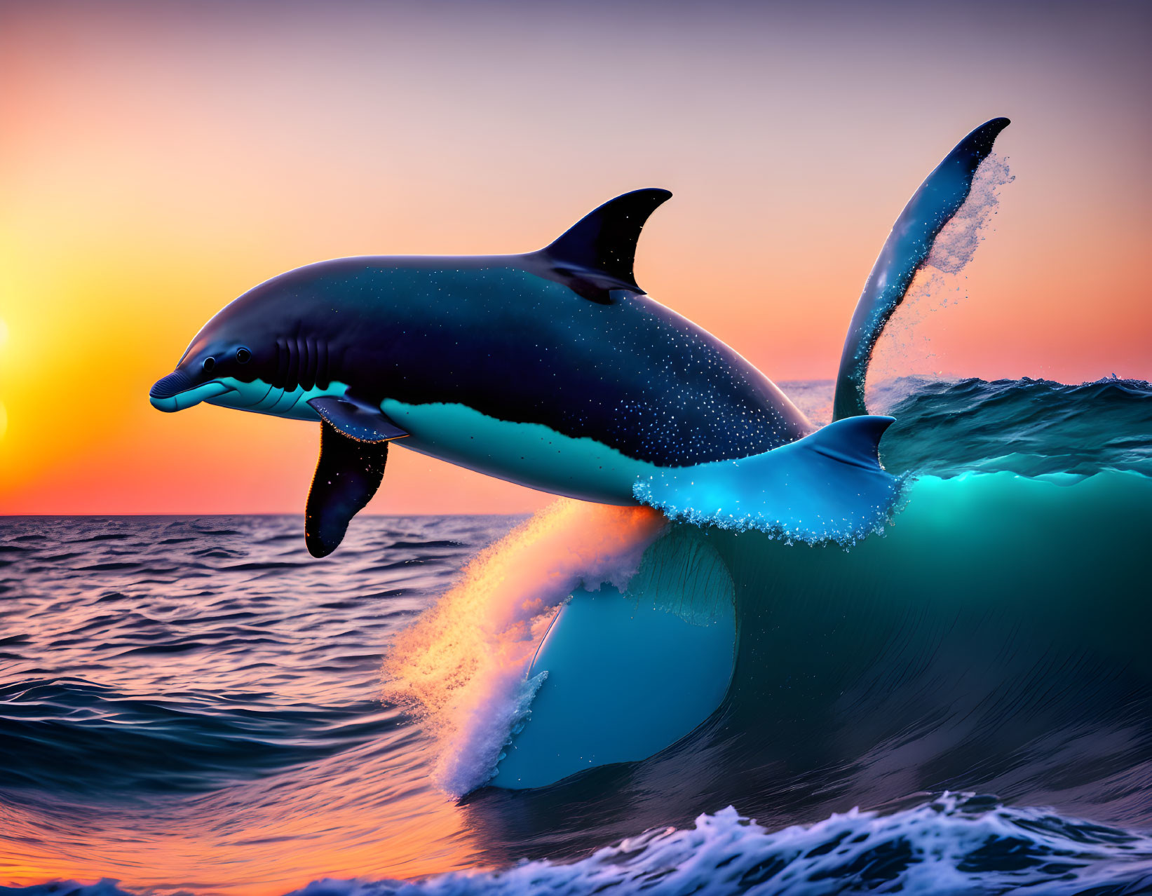 Dolphin leaping from blue ocean wave at sunset