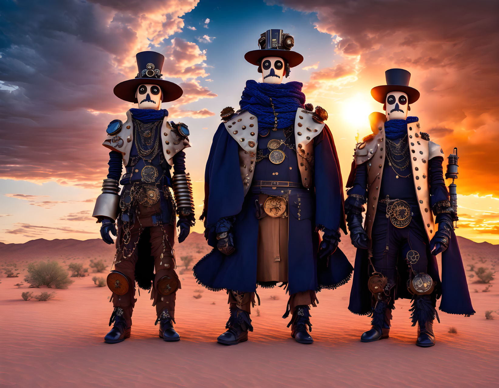 Steampunk-themed characters with skull masks in desert sunset.