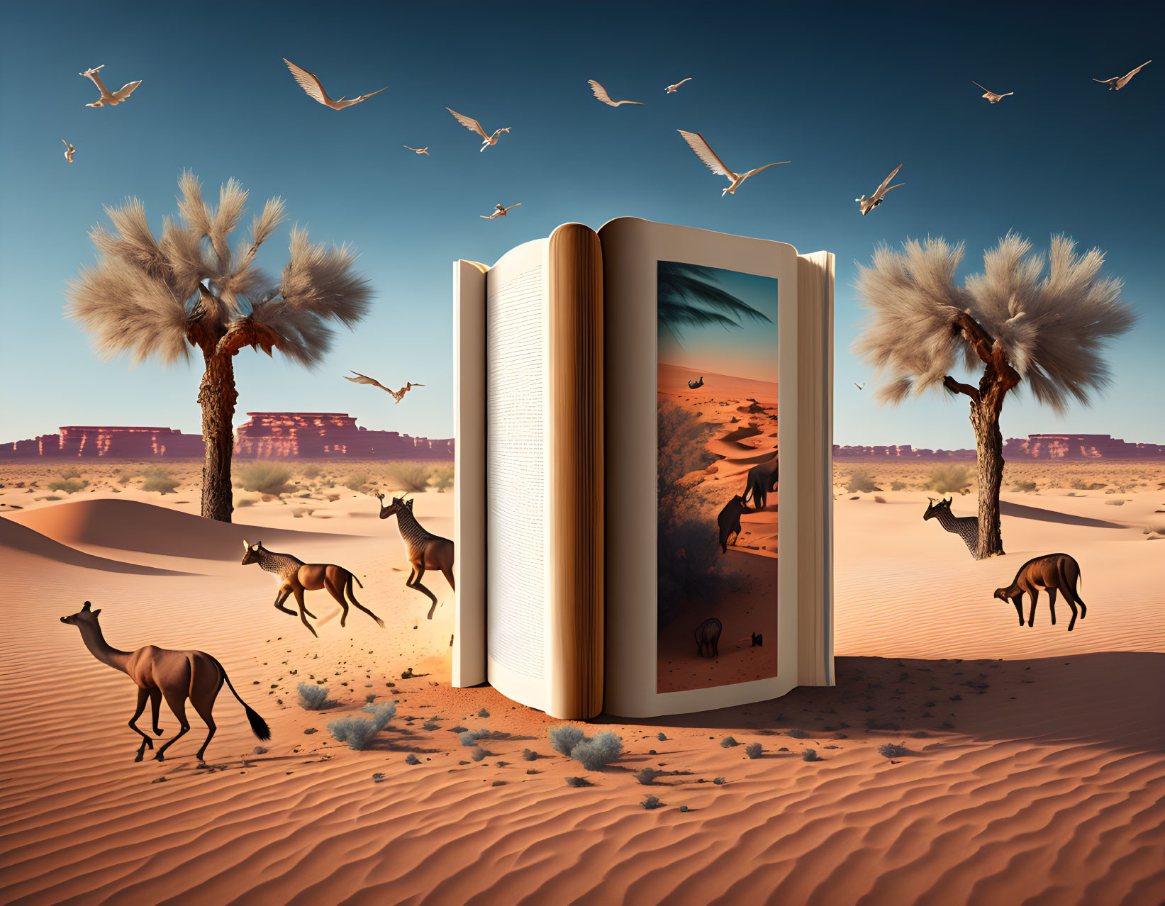 Enormous open book in desert forms portal to kangaroo-filled landscape