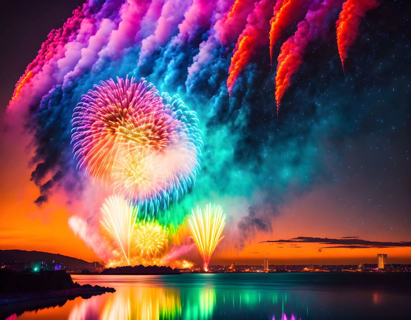 Colorful fireworks illuminate twilight sky over calm water with city skyline silhouette.