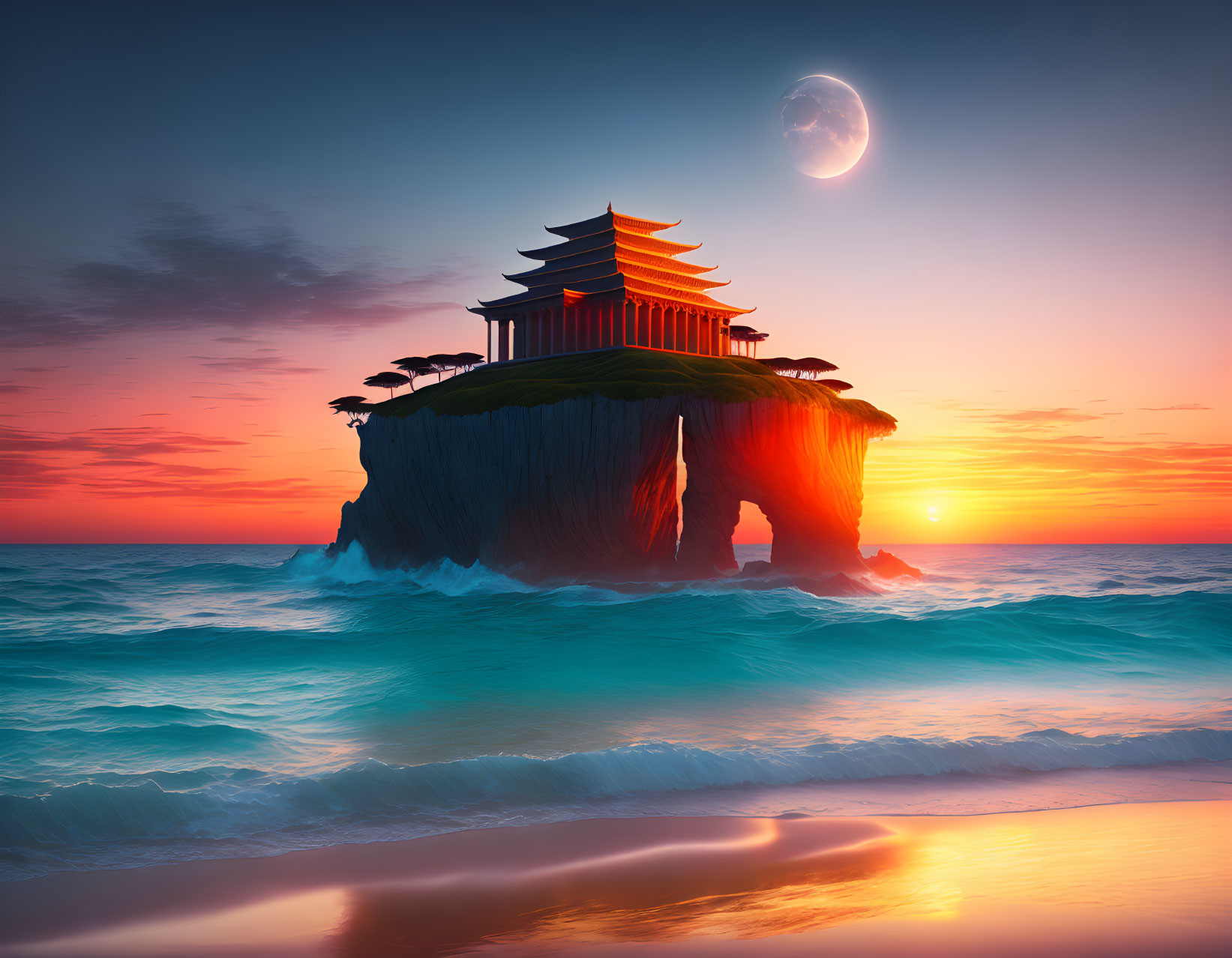 Traditional Pagoda on Rugged Islet Under Twilight Sky and Bright Moon