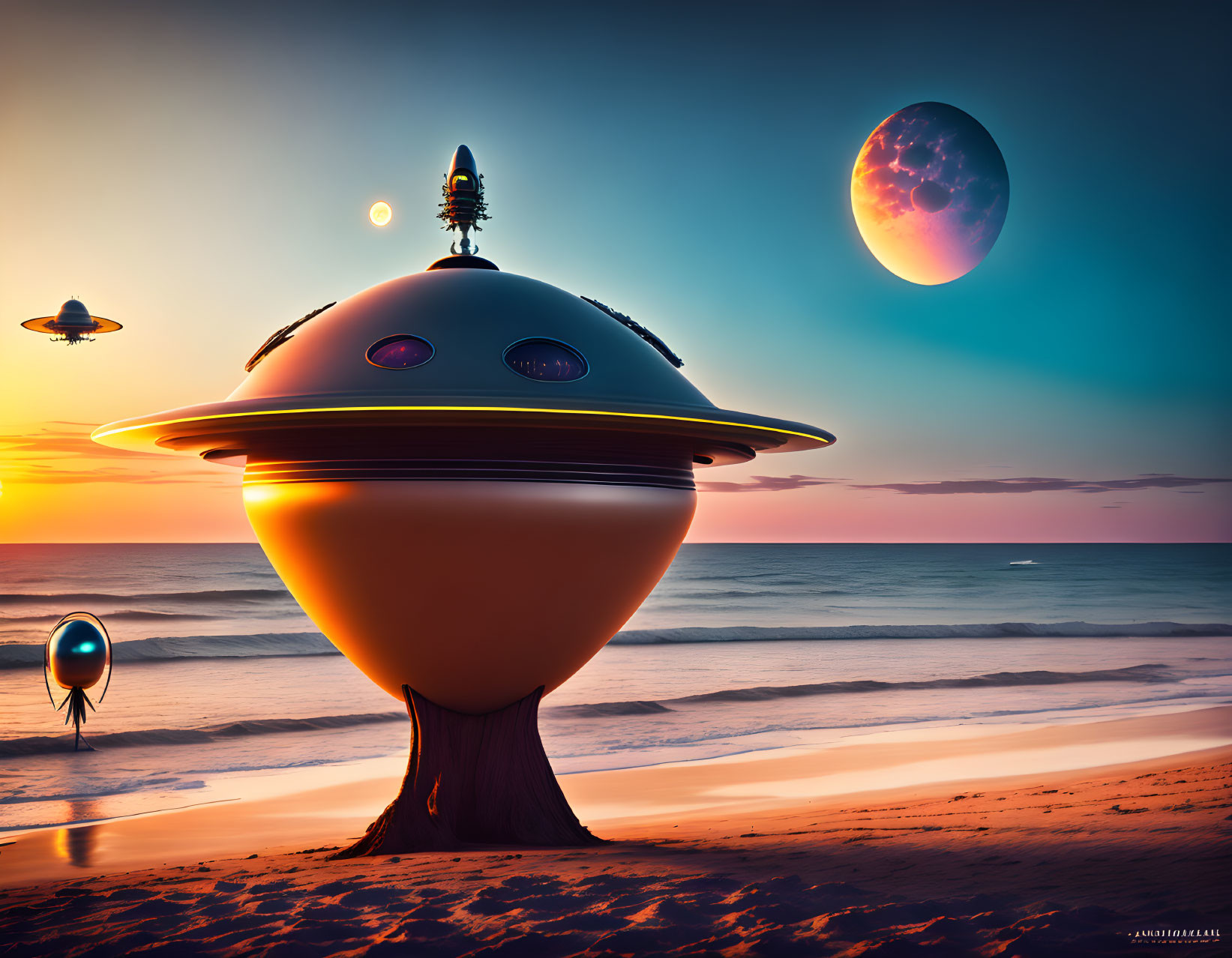 Futuristic beach scene with tree-shaped spaceship, hovering craft, and alien planet.