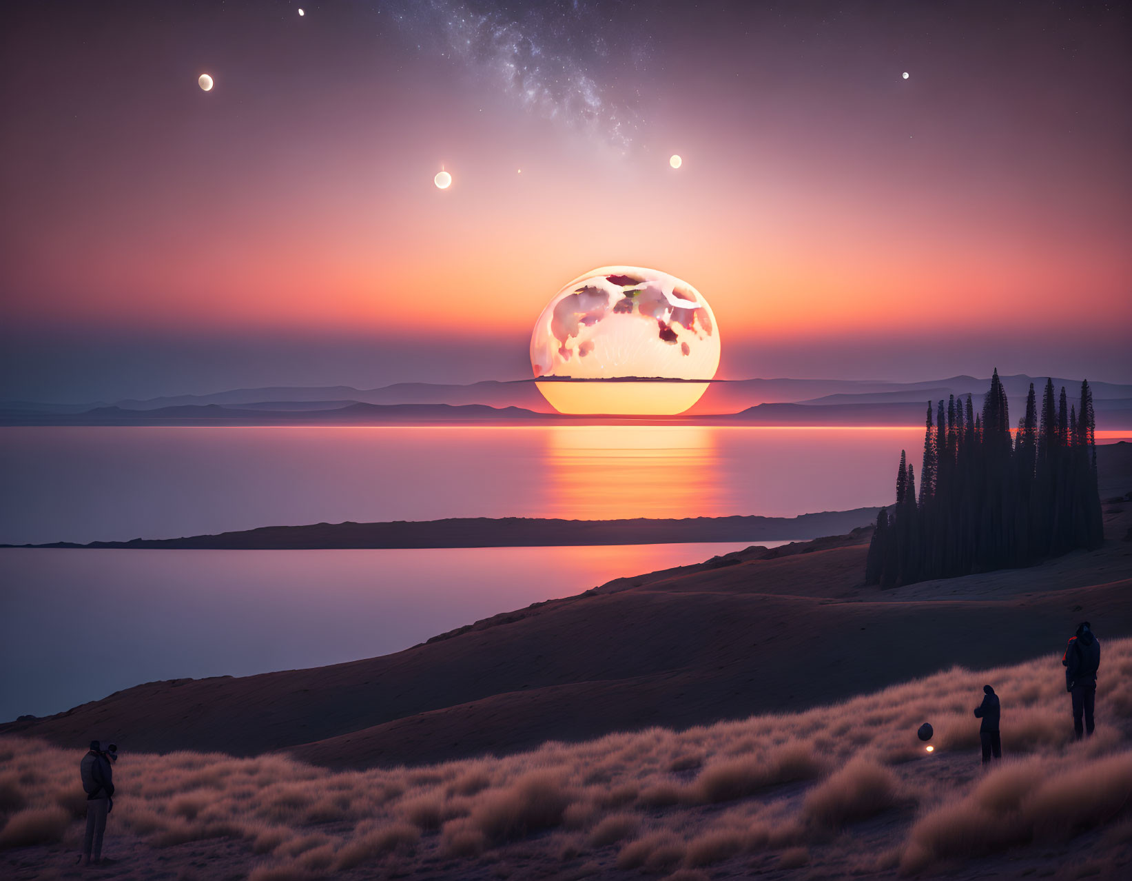 Photographer captures surreal twilight scene with massive translucent orb over tranquil sea.