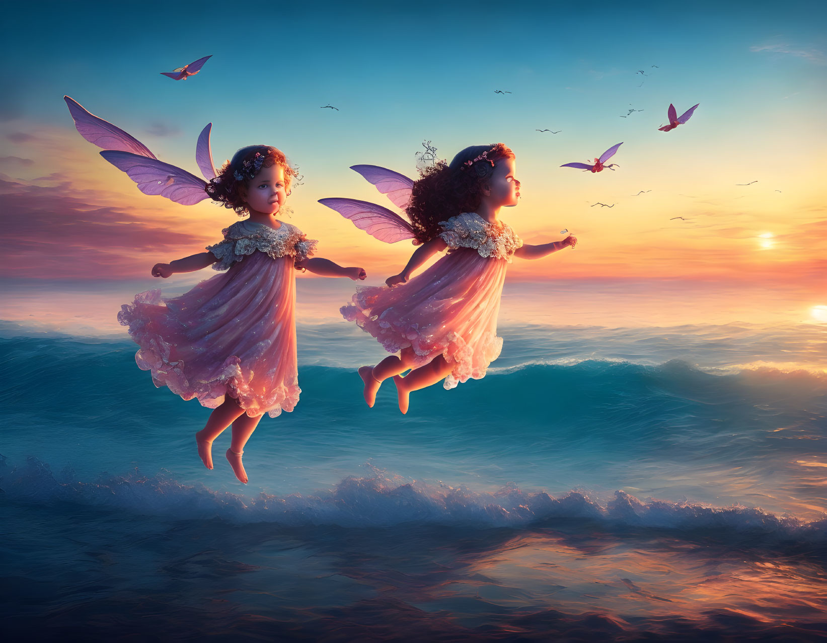 Two girls with angel wings flying over ocean at sunset with birds in dreamlike scene