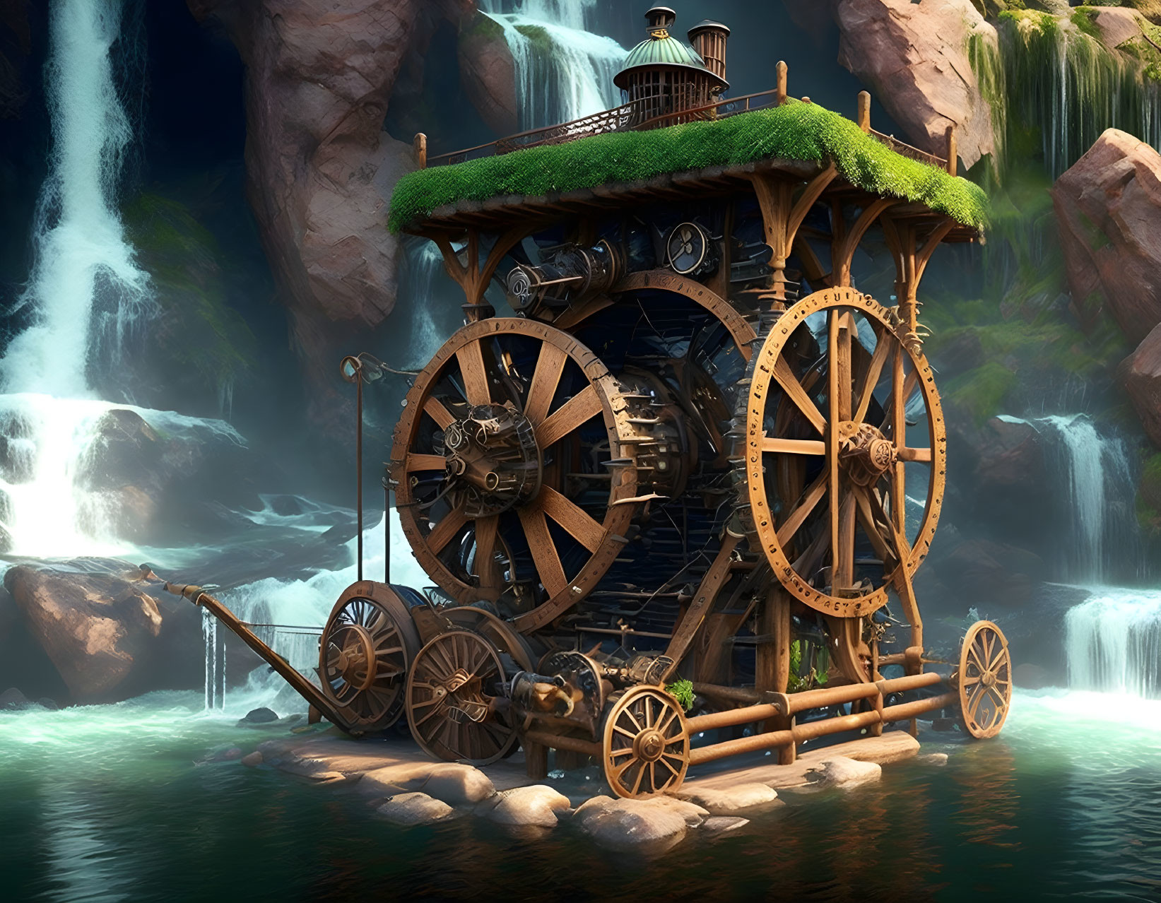 Fantasy wooden house on wheels with intricate gears by a waterfall