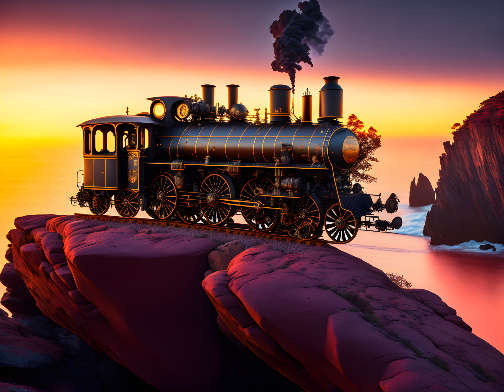 Vintage Steam Locomotive on Coastal Tracks at Sunset