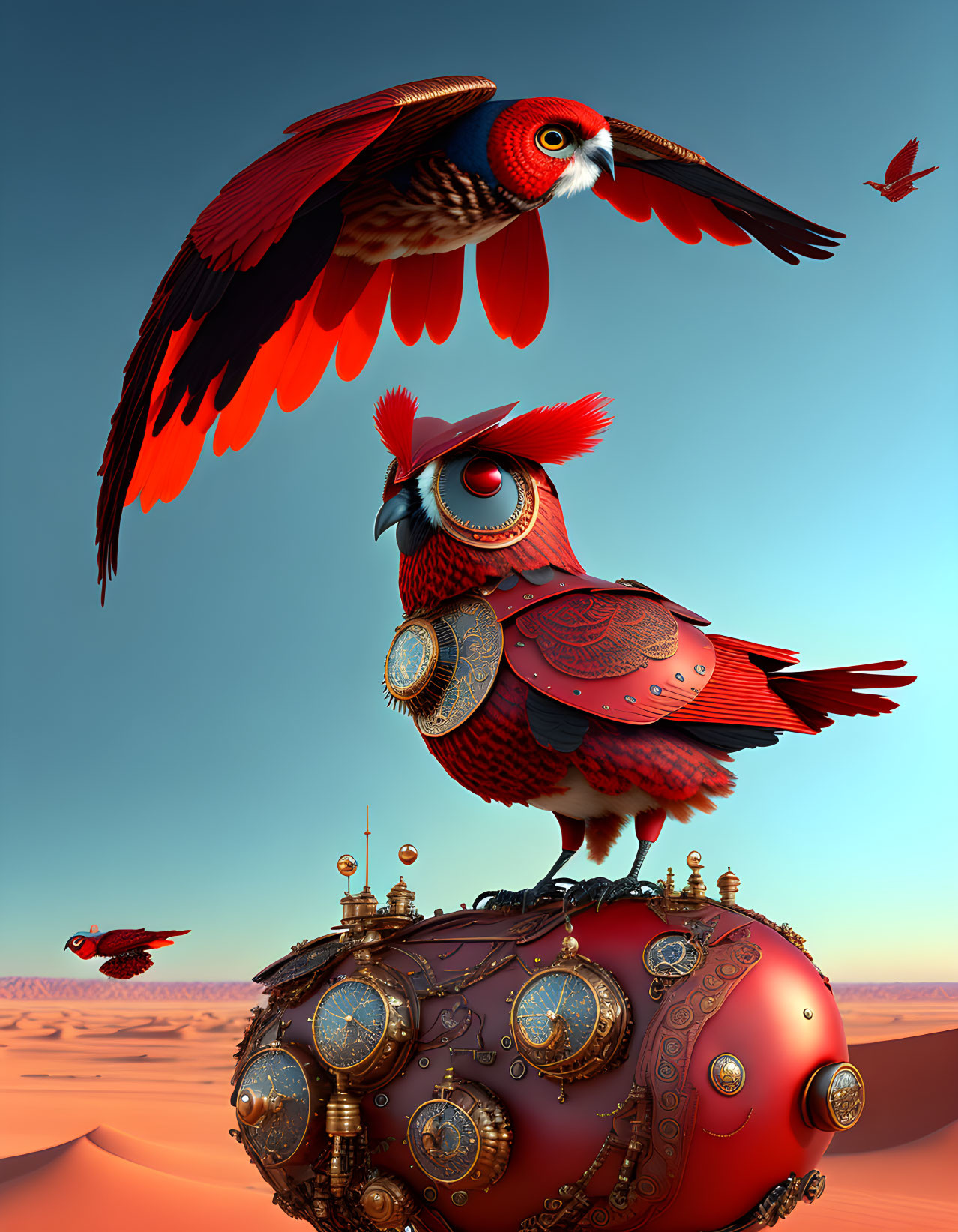 Stylized mechanical birds and steampunk structure in desert landscape