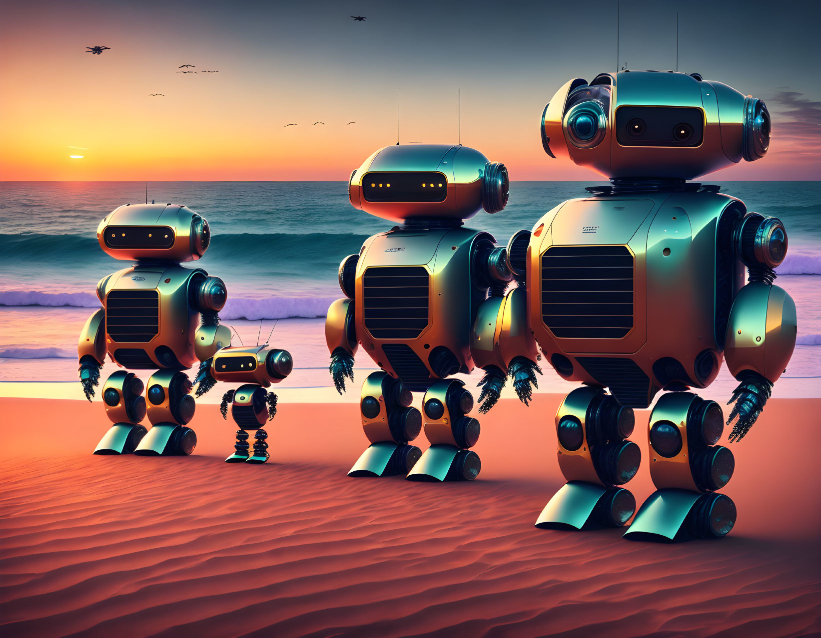 Robots of varying sizes on beach at sunset with waves and bird