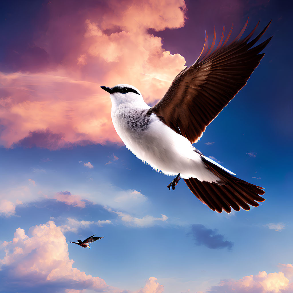 Fork-tailed bird soaring in colorful sky with smaller bird