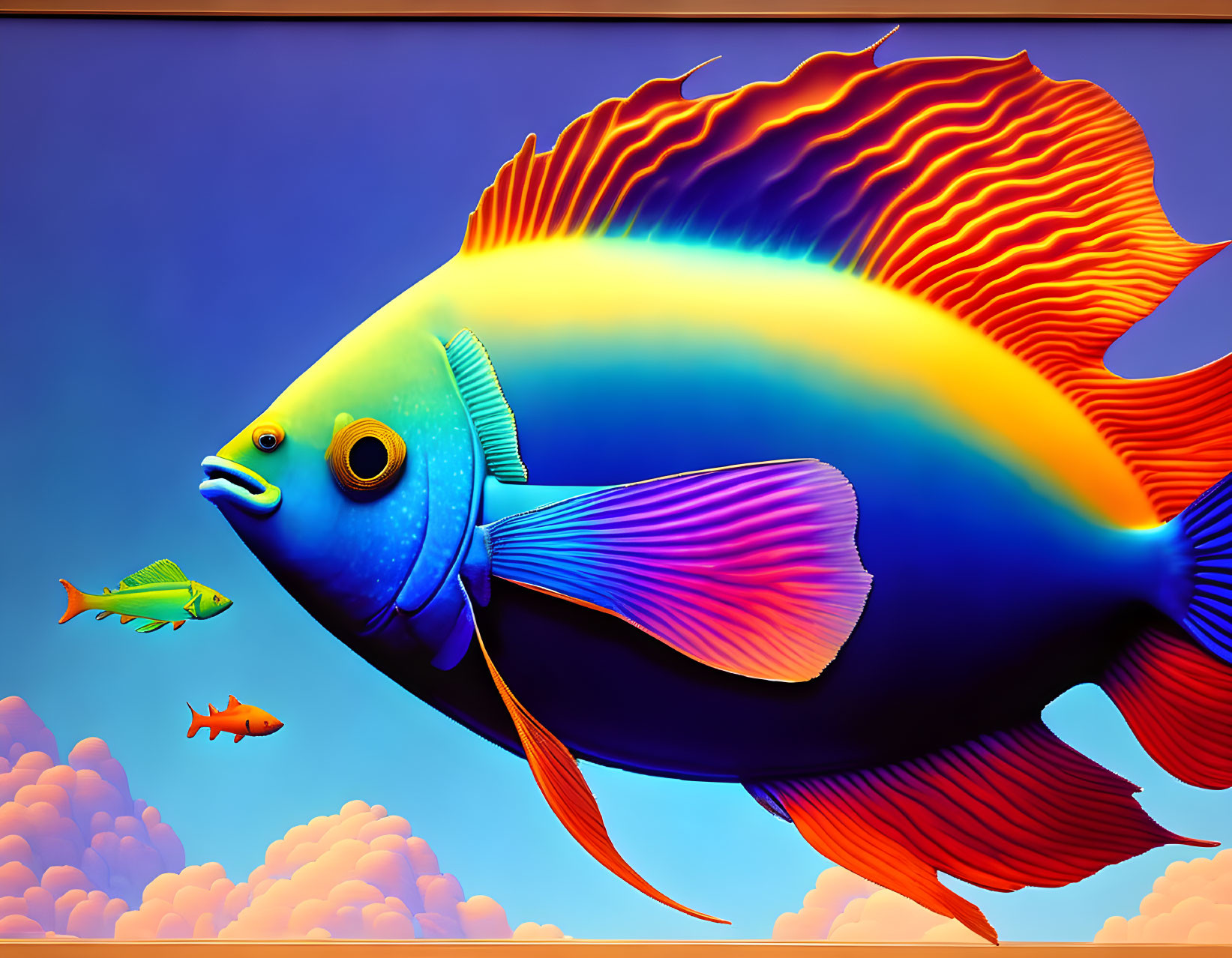 Colorful digital artwork: Large fish with exaggerated features swimming among smaller fish in blue and orange hues against