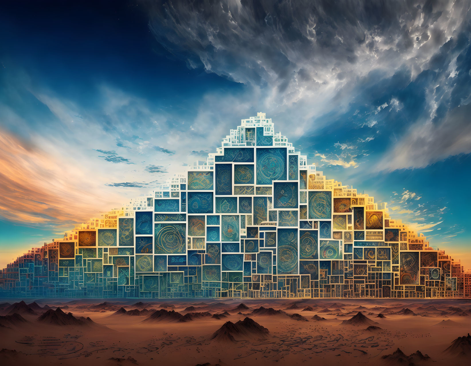 Surreal landscape with glowing blue pyramid in desert sunset