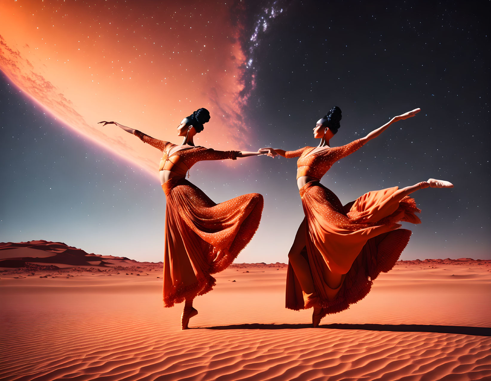 Two dancers in orange dresses perform elegant dance under starry desert sky.