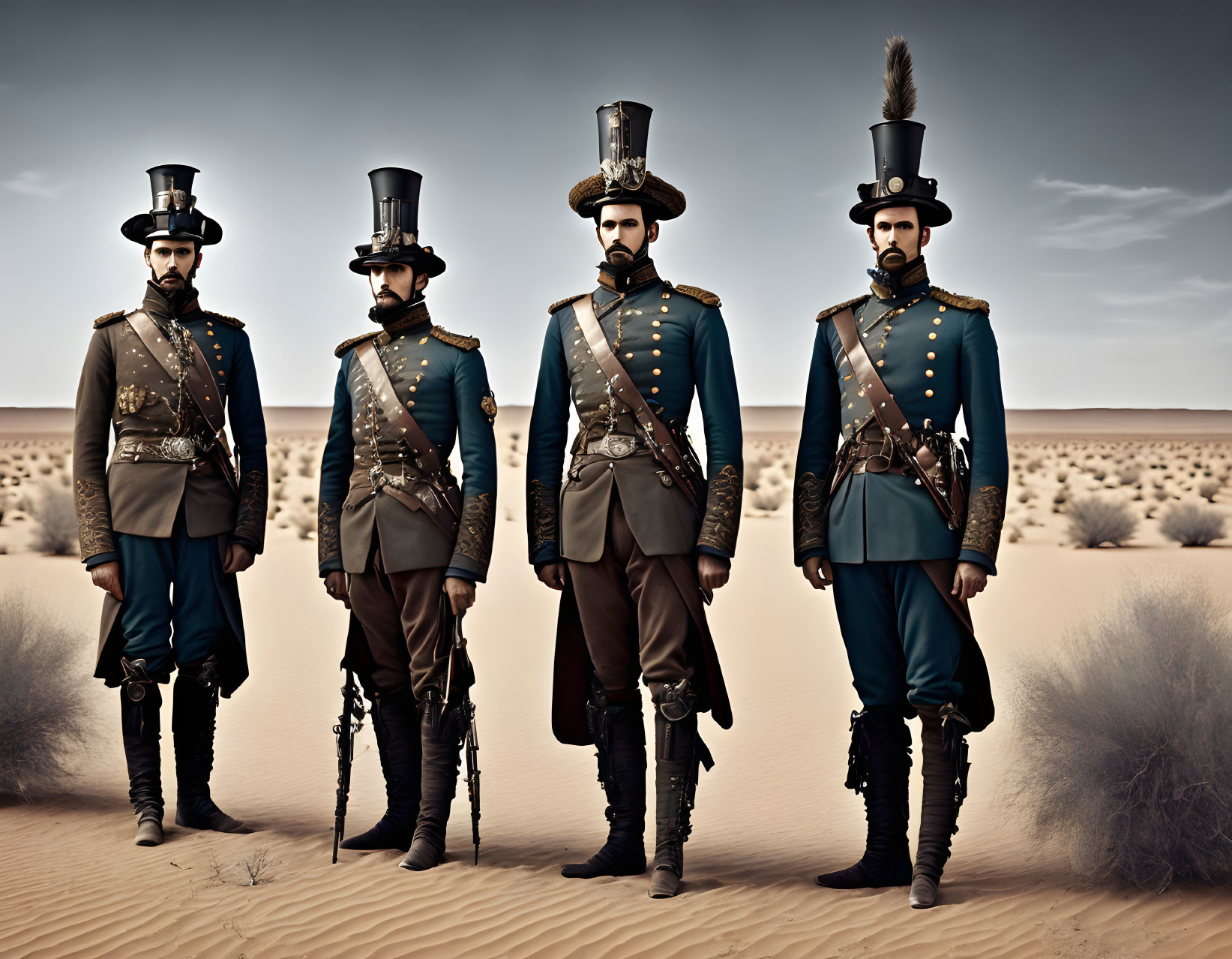 Four men in historical military uniforms standing in desert setting