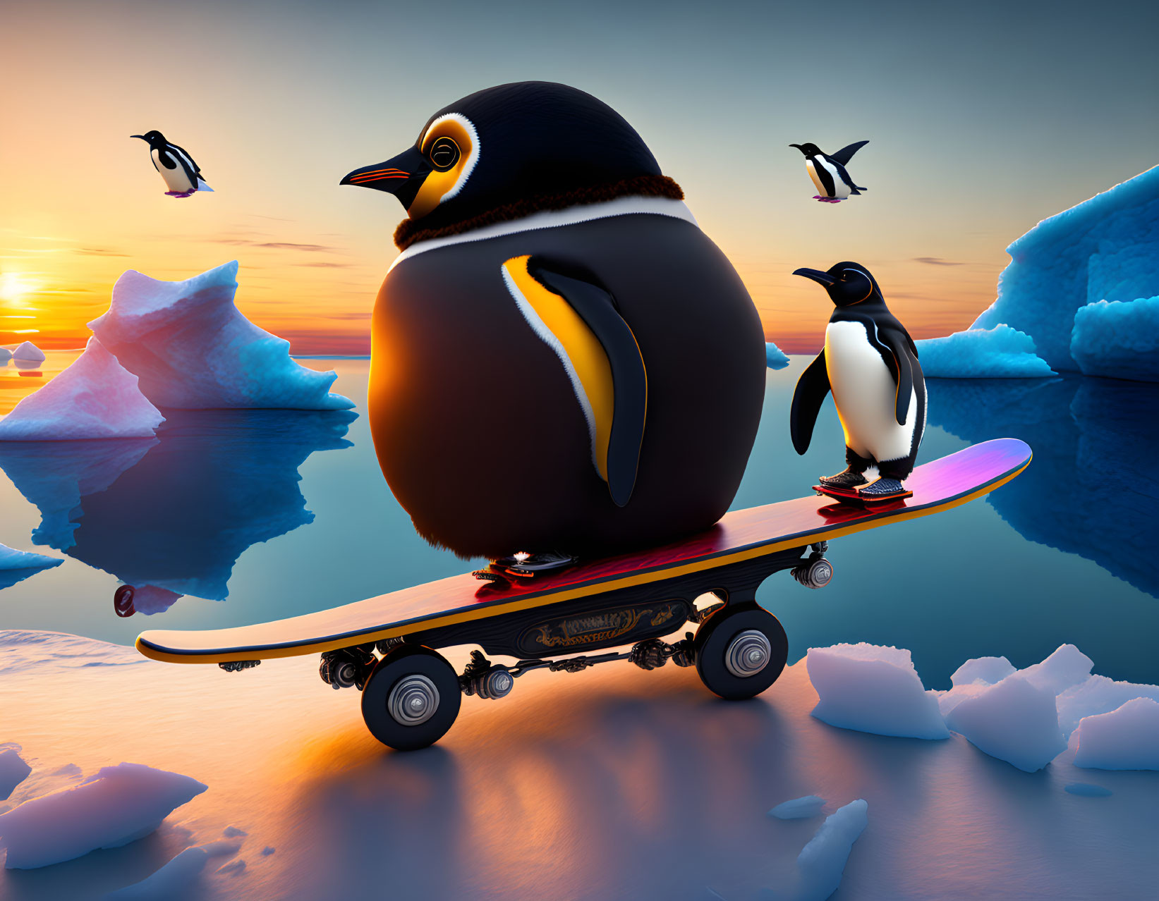 Penguin Skateboarding at Sunset with Icebergs and Other Penguins