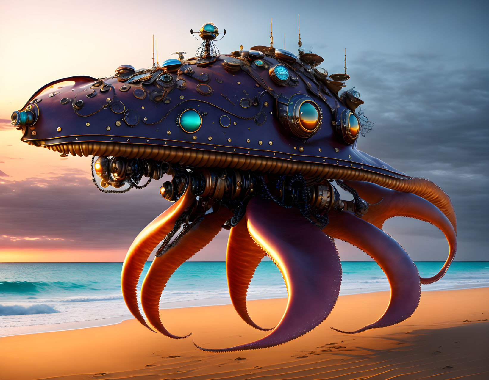 Steampunk mechanical octopus with gears and portholes on beach at sunset