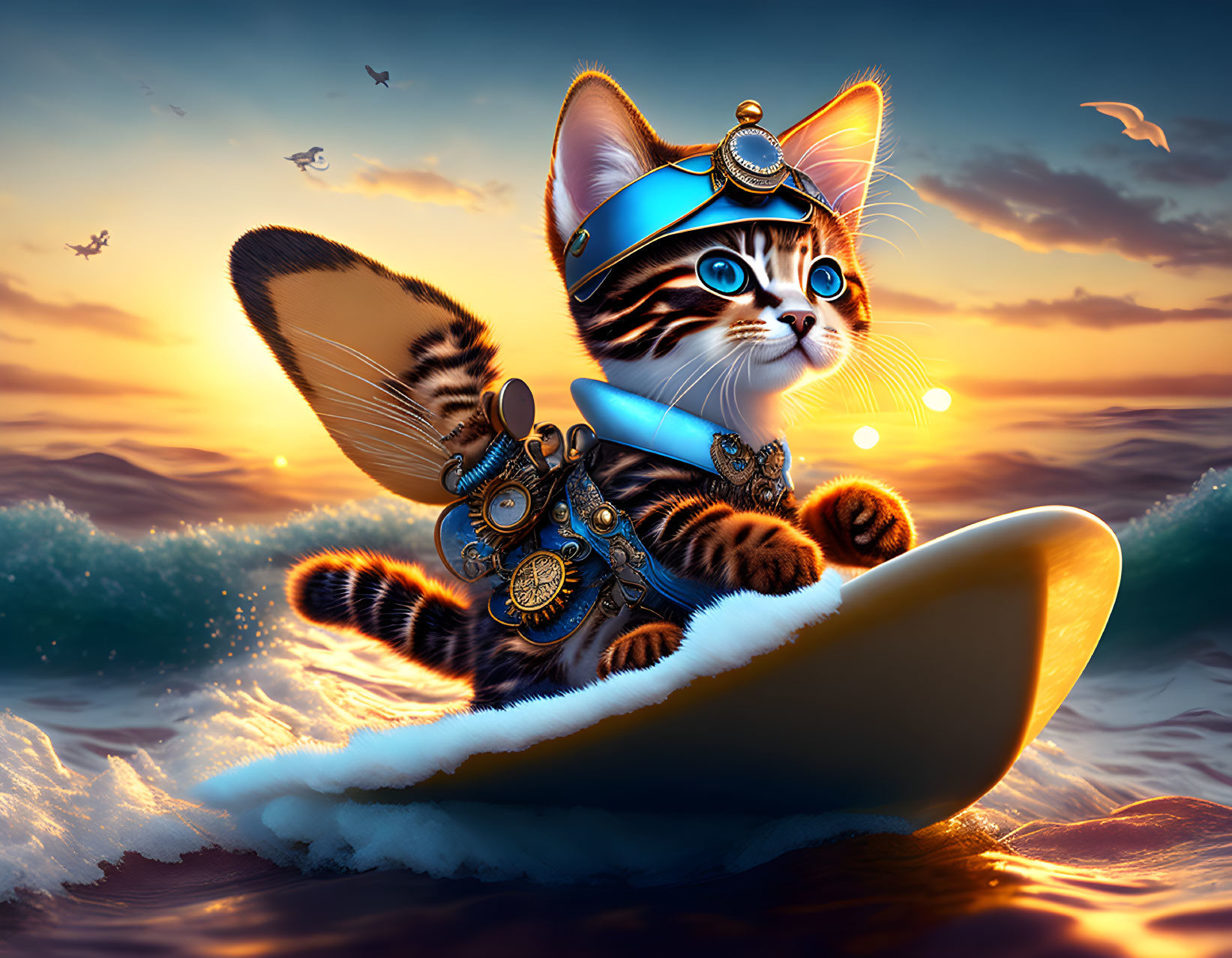 Steampunk cat surfing in vibrant sunset scene