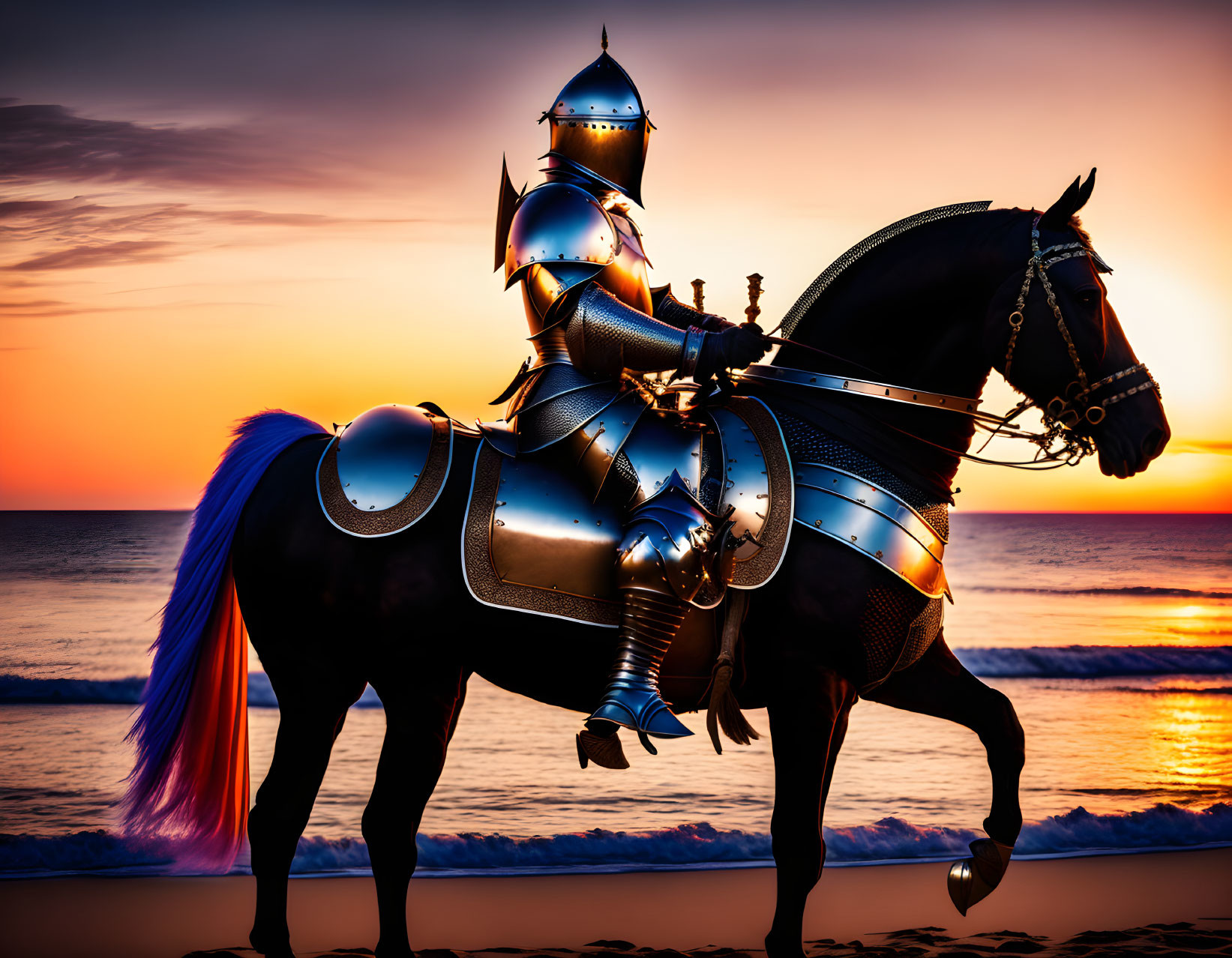 Knight on horseback at sunset on beach.